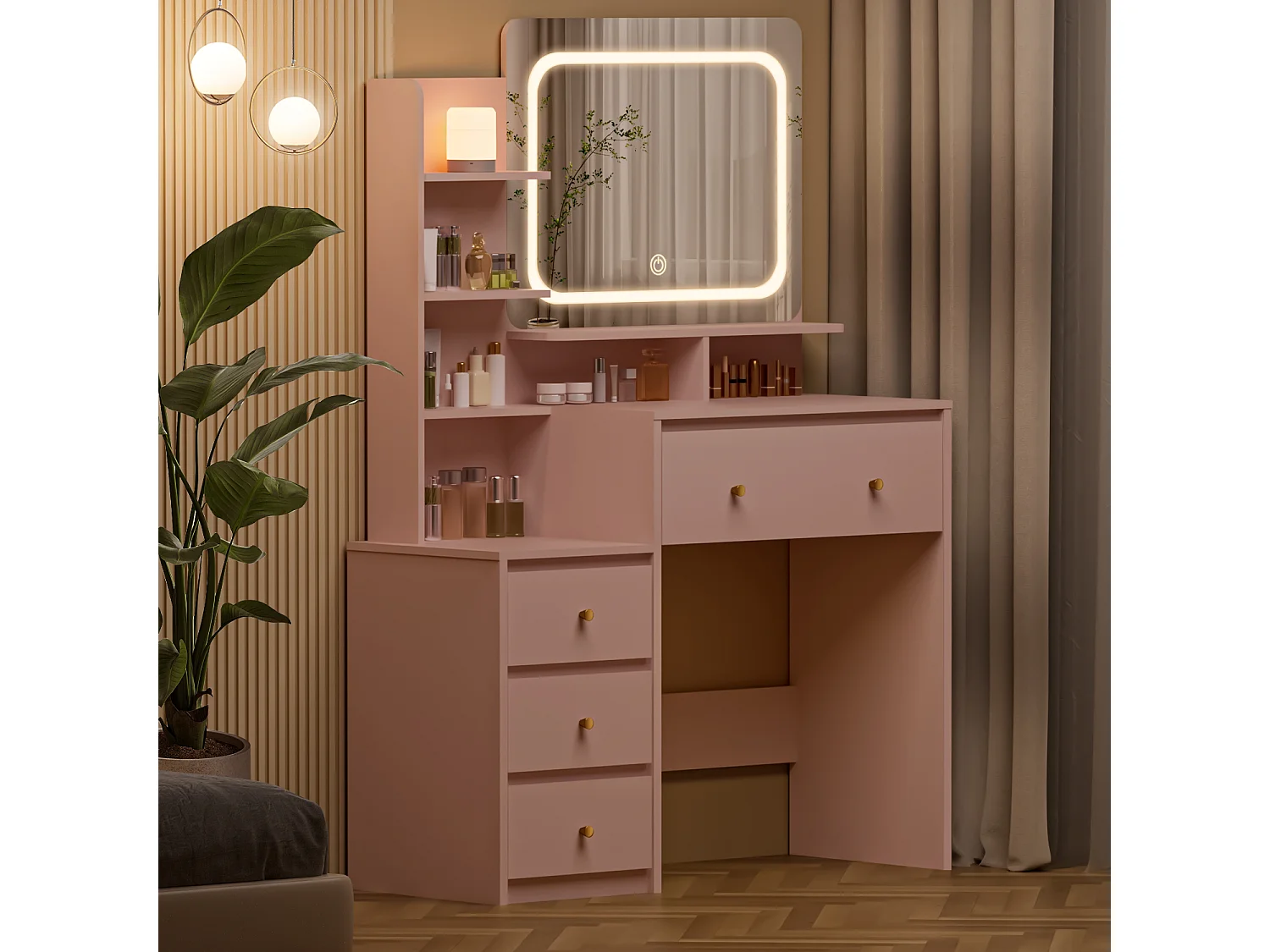 Hiazurm Coiffeuse, éclairage LED, avec miroir et tiroirs, compartiments ouverts, étagères à intensité réglable, design moderne, pour chambre, rose