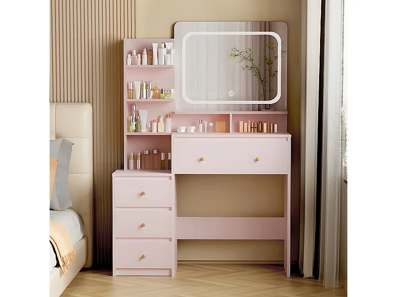 Hiazurm Coiffeuse, éclairage LED, avec miroir et tiroirs, compartiments ouverts, étagères à intensité réglable, design moderne, pour chambre, rose