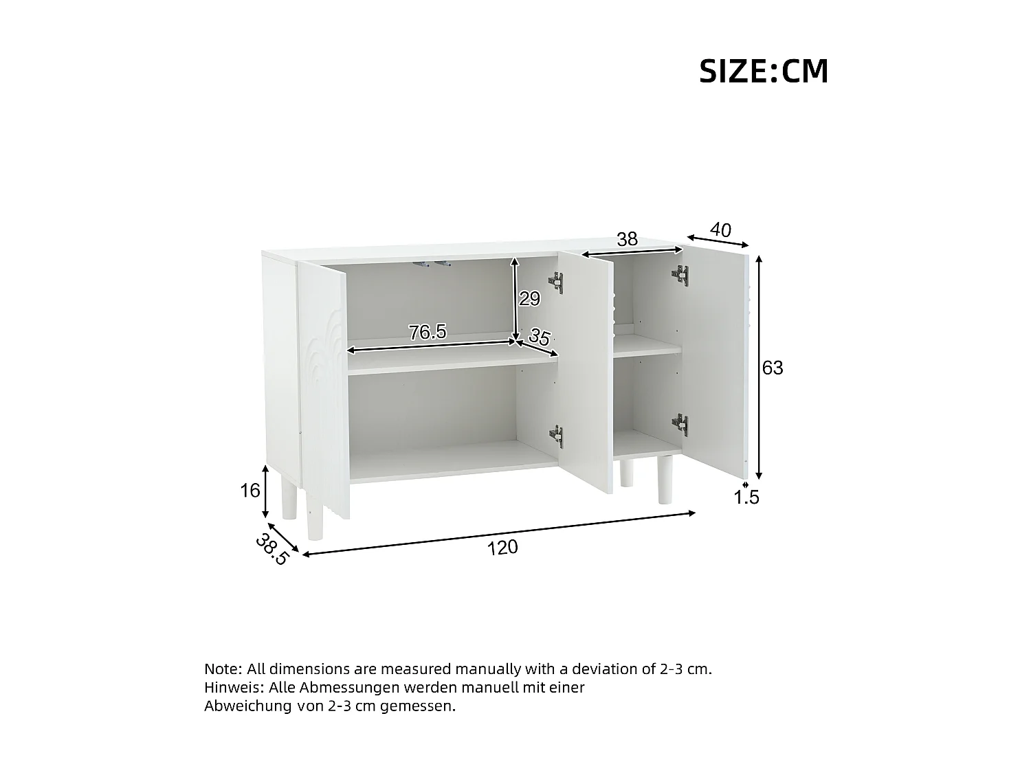 Buffet avec 3 portes en MDF - Etagère réglable - Blanc