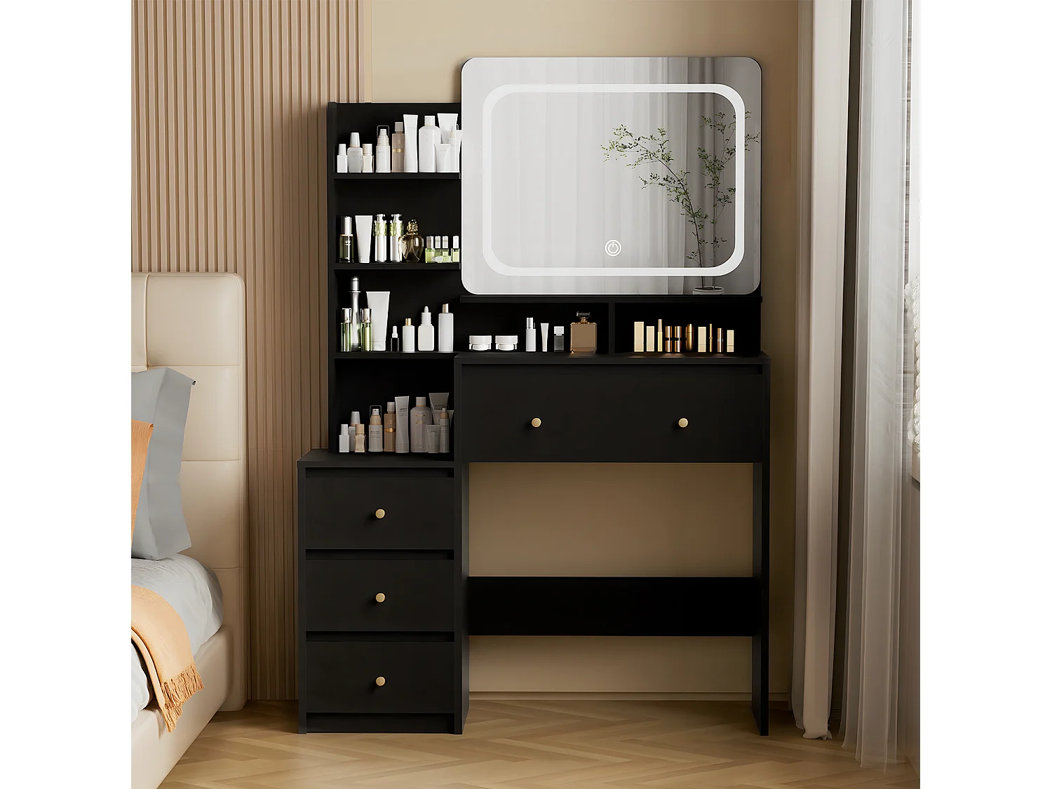 Hiazurm Coiffeuse, éclairage LED, avec miroir et tiroirs, compartiments ouverts, étagères à intensité réglable, design moderne, pour chambre, noire