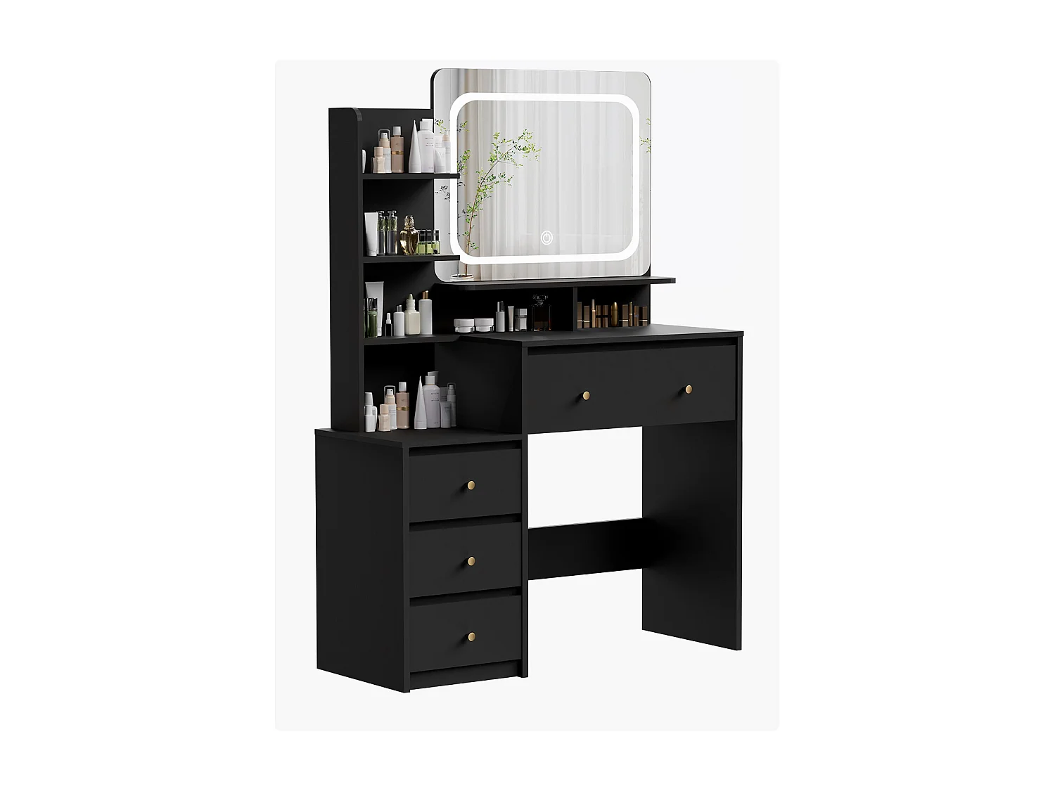 Hiazurm Coiffeuse, éclairage LED, avec miroir et tiroirs, compartiments ouverts, étagères à intensité réglable, design moderne, pour chambre, noire