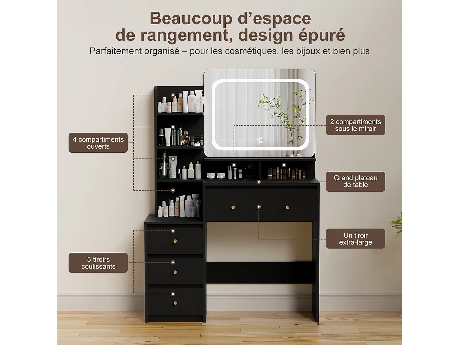 Hiazurm Coiffeuse, éclairage LED, avec miroir et tiroirs, compartiments ouverts, étagères à intensité réglable, design moderne, pour chambre, noire