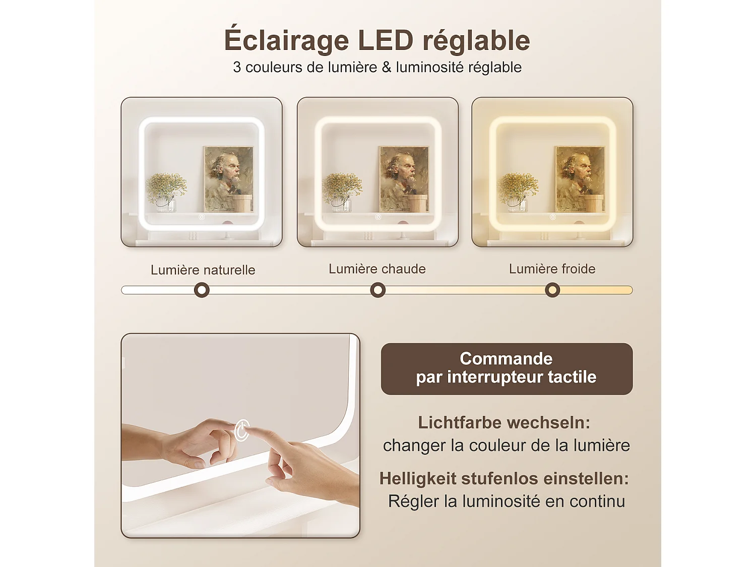 Hiazurm Coiffeuse, éclairage LED, avec miroir et tiroirs, compartiments ouverts, étagères à intensité réglable, design moderne, pour chambre, noire