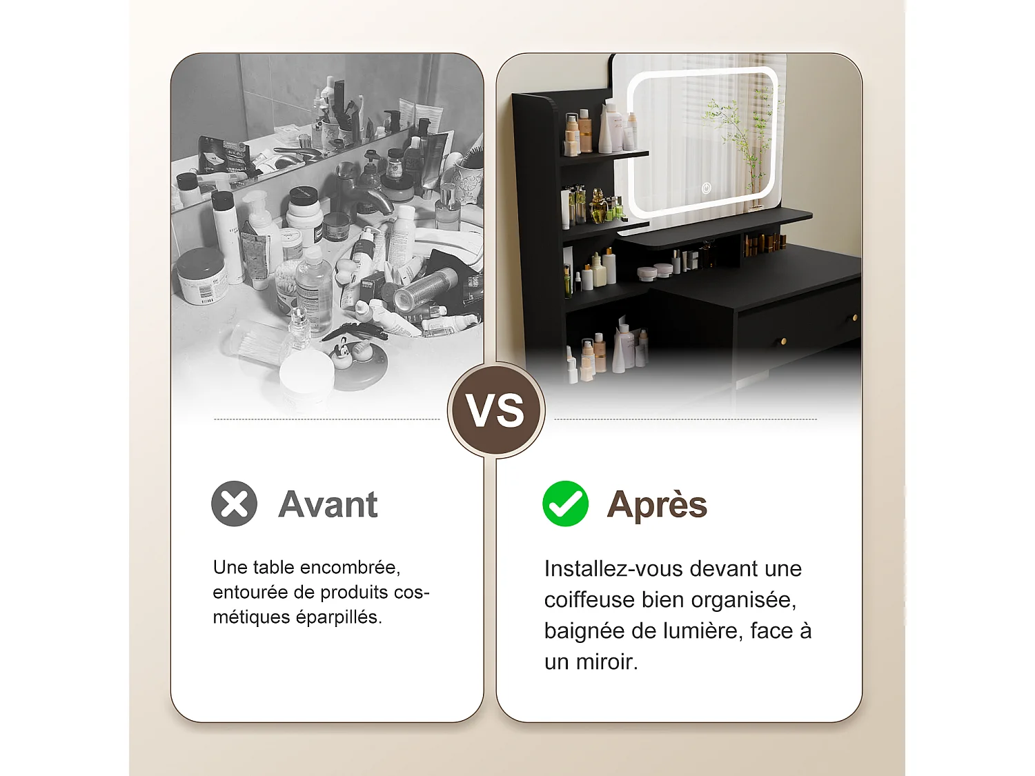 Hiazurm Coiffeuse, éclairage LED, avec miroir et tiroirs, compartiments ouverts, étagères à intensité réglable, design moderne, pour chambre, noire