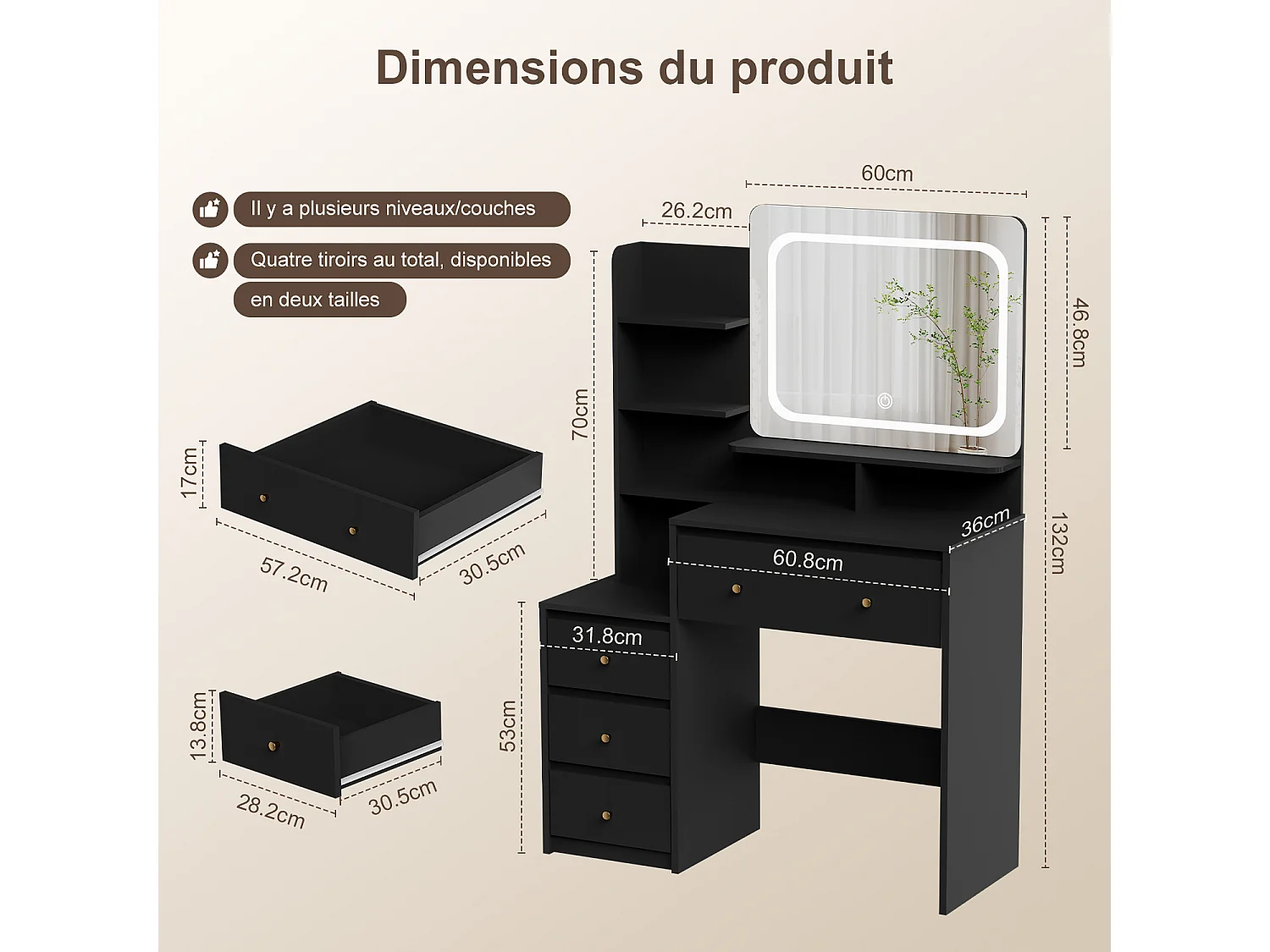 Hiazurm Coiffeuse, éclairage LED, avec miroir et tiroirs, compartiments ouverts, étagères à intensité réglable, design moderne, pour chambre, noire