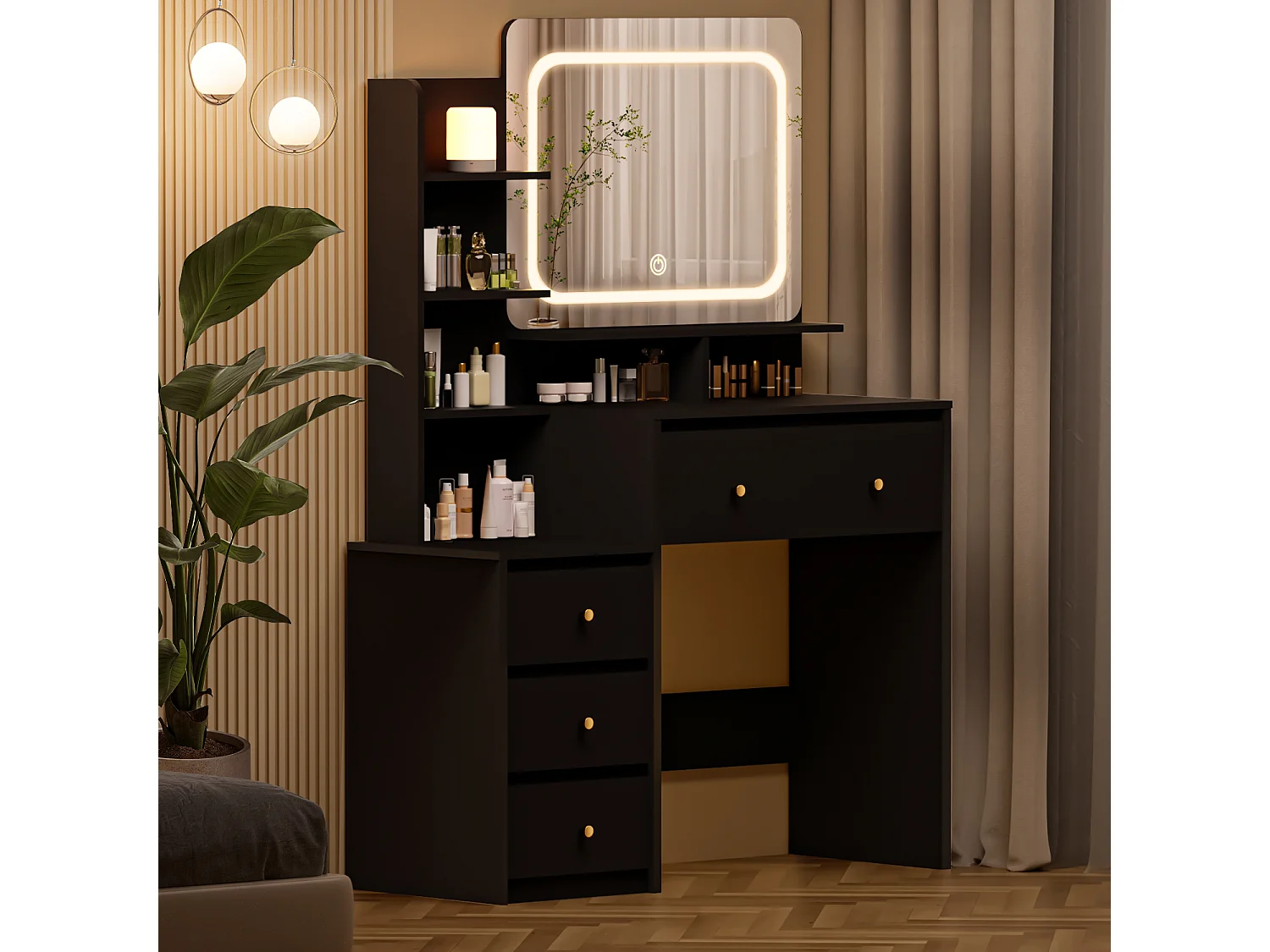 Hiazurm Coiffeuse, éclairage LED, avec miroir et tiroirs, compartiments ouverts, étagères à intensité réglable, design moderne, pour chambre, noire