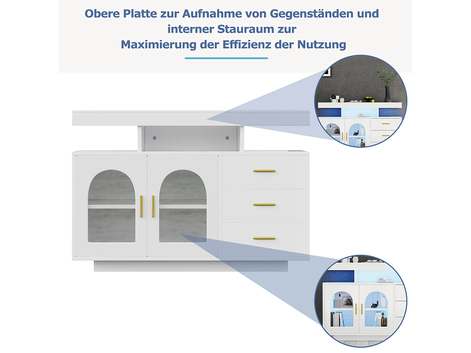 Buffet laqué brillant blanche avec LED, 3 tiroirs et 2 portes 120x40x80cm