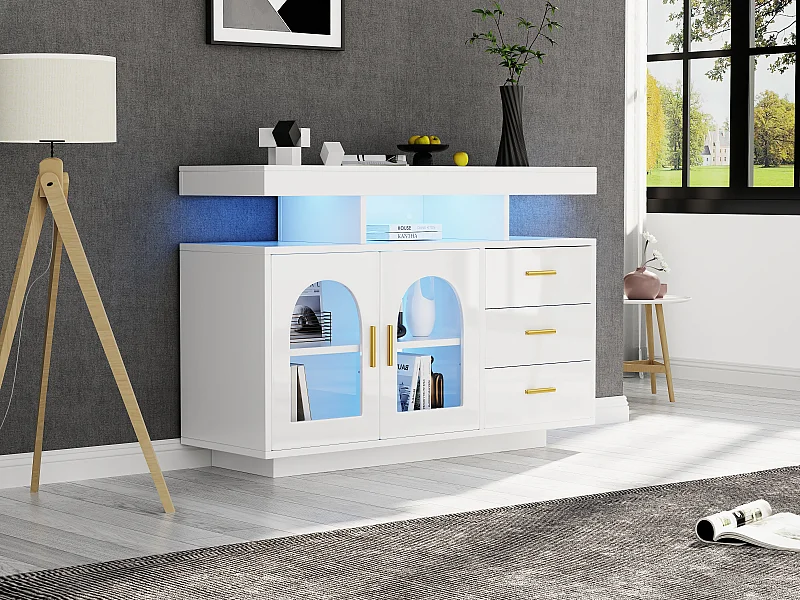 Buffet laqué brillant blanche avec LED, 3 tiroirs et 2 portes 120x40x80cm