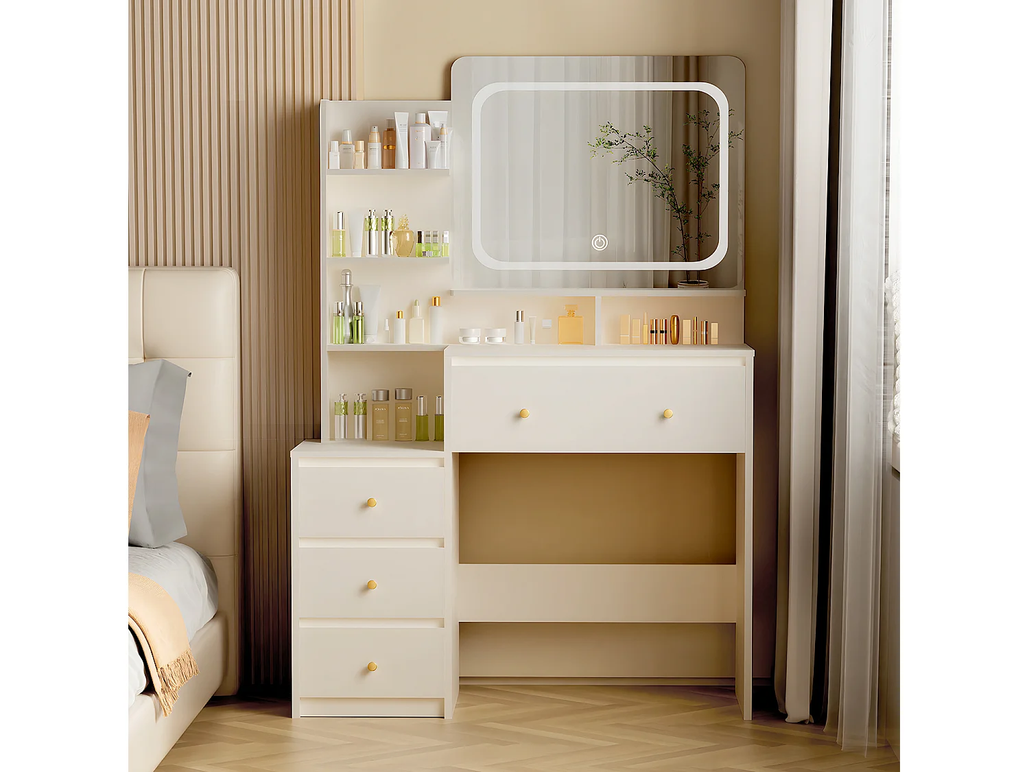 Hiazurm Coiffeuse, éclairage LED, avec miroir et tiroirs, compartiments ouverts, étagères à intensité réglable, design moderne, pour chambre, blanche