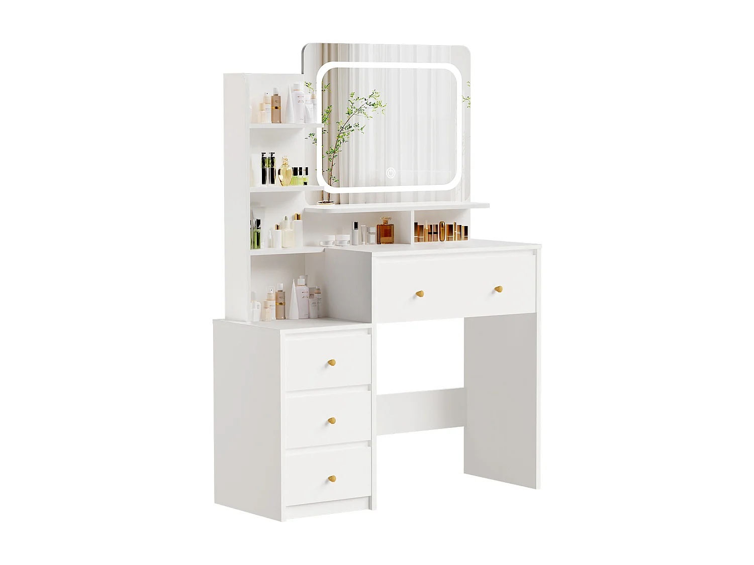 Hiazurm Coiffeuse, éclairage LED, avec miroir et tiroirs, compartiments ouverts, étagères à intensité réglable, design moderne, pour chambre, blanche