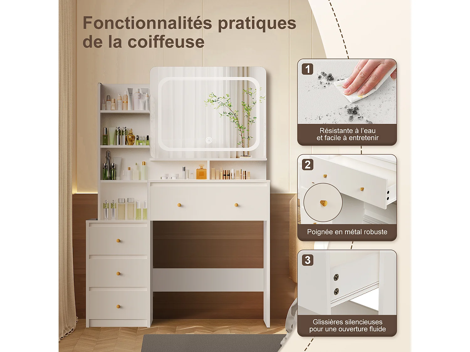 Hiazurm Coiffeuse, éclairage LED, avec miroir et tiroirs, compartiments ouverts, étagères à intensité réglable, design moderne, pour chambre, blanche