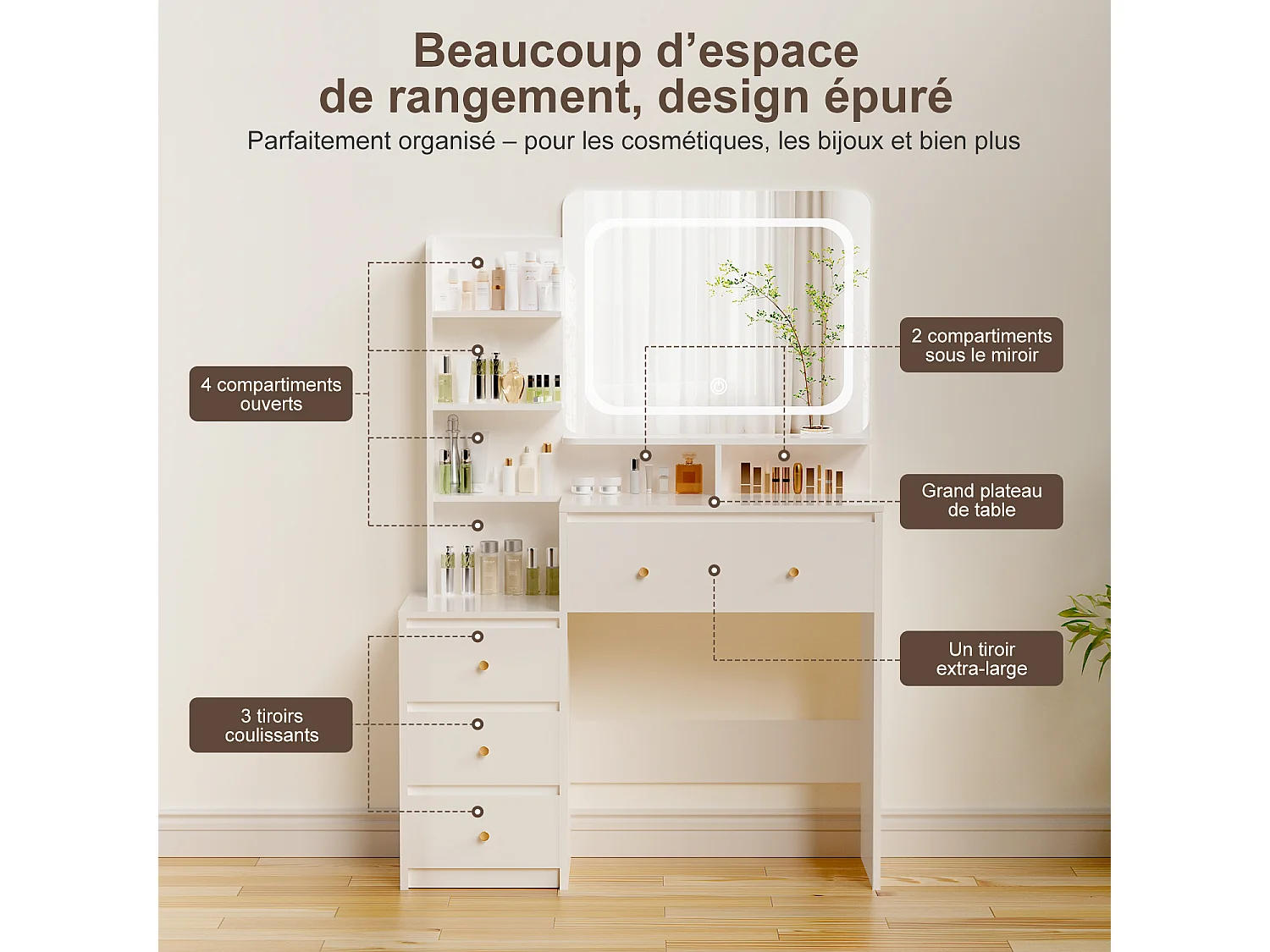 Hiazurm Coiffeuse, éclairage LED, avec miroir et tiroirs, compartiments ouverts, étagères à intensité réglable, design moderne, pour chambre, blanche