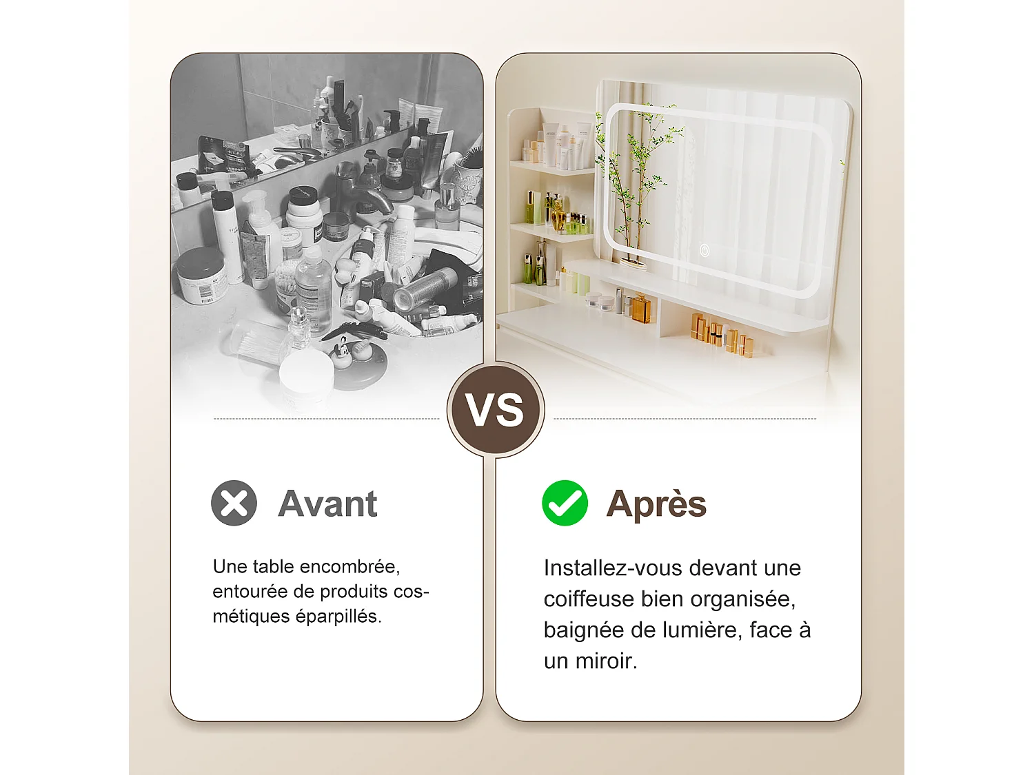 Hiazurm Coiffeuse, éclairage LED, avec miroir et tiroirs, compartiments ouverts, étagères à intensité réglable, design moderne, pour chambre, blanche