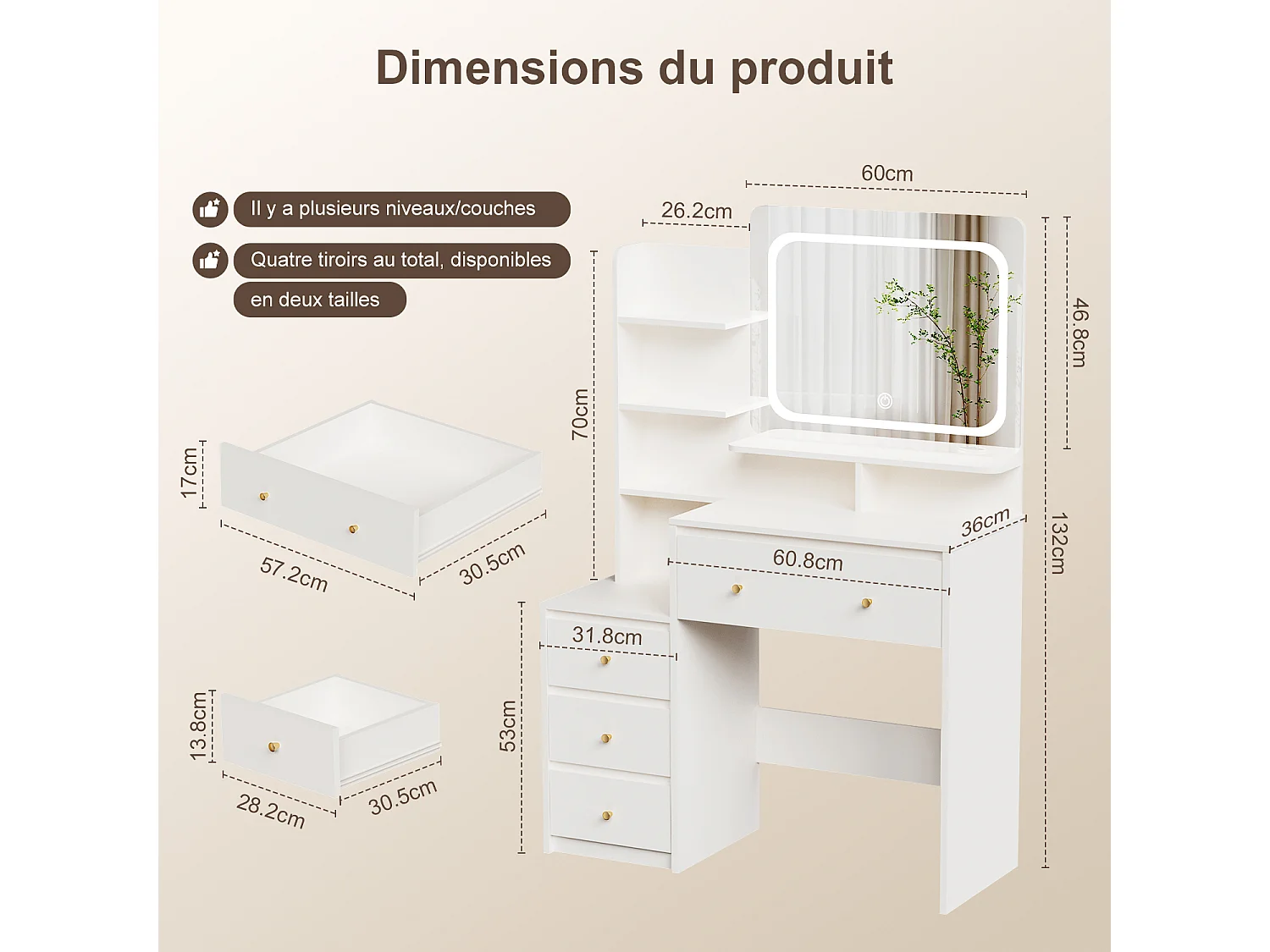 Hiazurm Coiffeuse, éclairage LED, avec miroir et tiroirs, compartiments ouverts, étagères à intensité réglable, design moderne, pour chambre, blanche