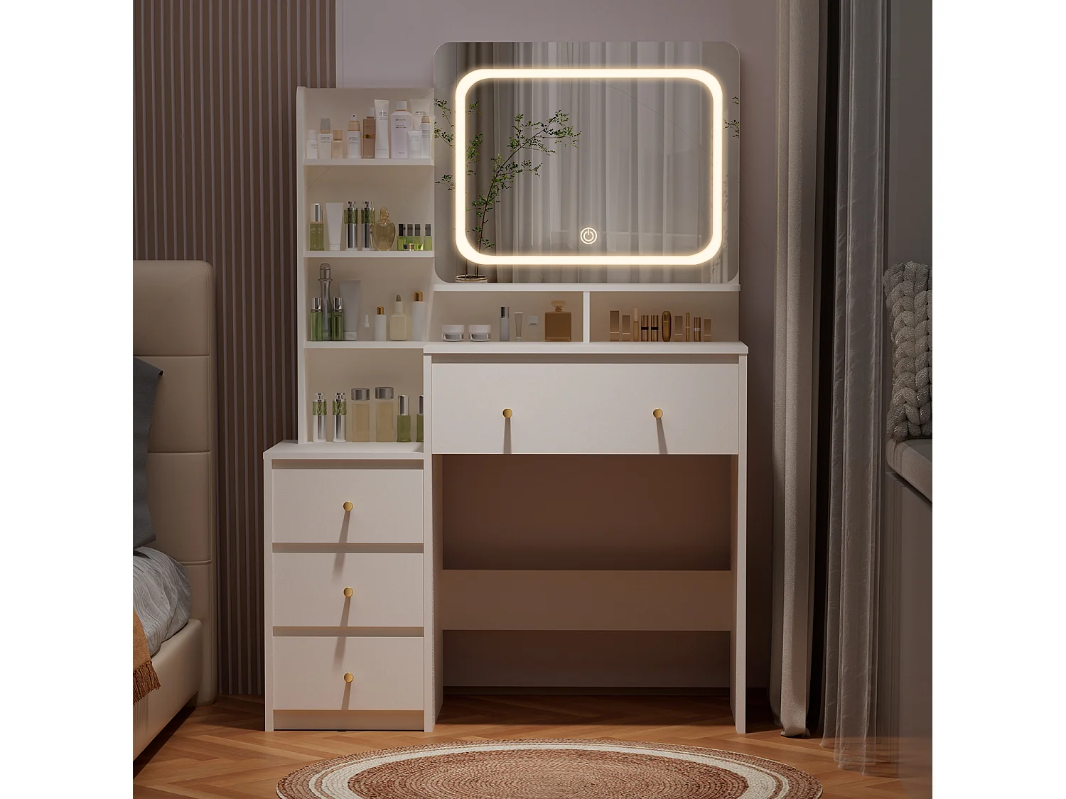 Hiazurm Coiffeuse, éclairage LED, avec miroir et tiroirs, compartiments ouverts, étagères à intensité réglable, design moderne, pour chambre, blanche