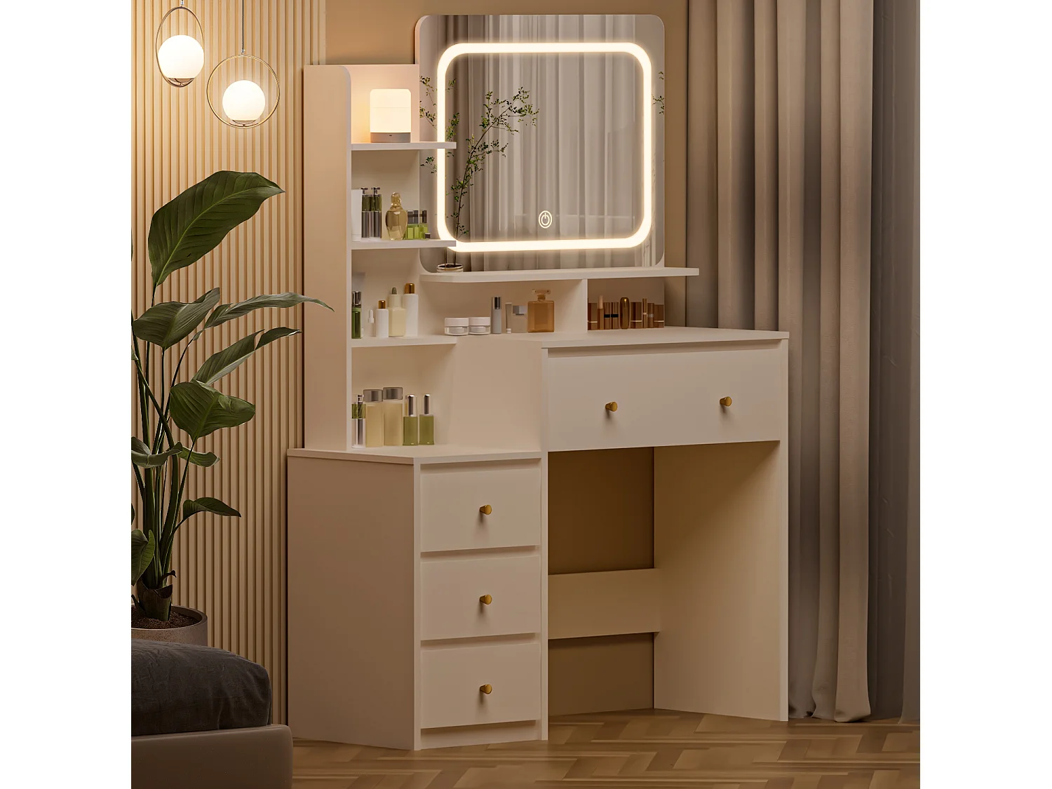 Hiazurm Coiffeuse, éclairage LED, avec miroir et tiroirs, compartiments ouverts, étagères à intensité réglable, design moderne, pour chambre, blanche