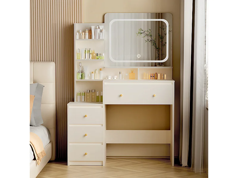 Hiazurm Coiffeuse, éclairage LED, avec miroir et tiroirs, compartiments ouverts, étagères à intensité réglable, design moderne, pour chambre, blanche