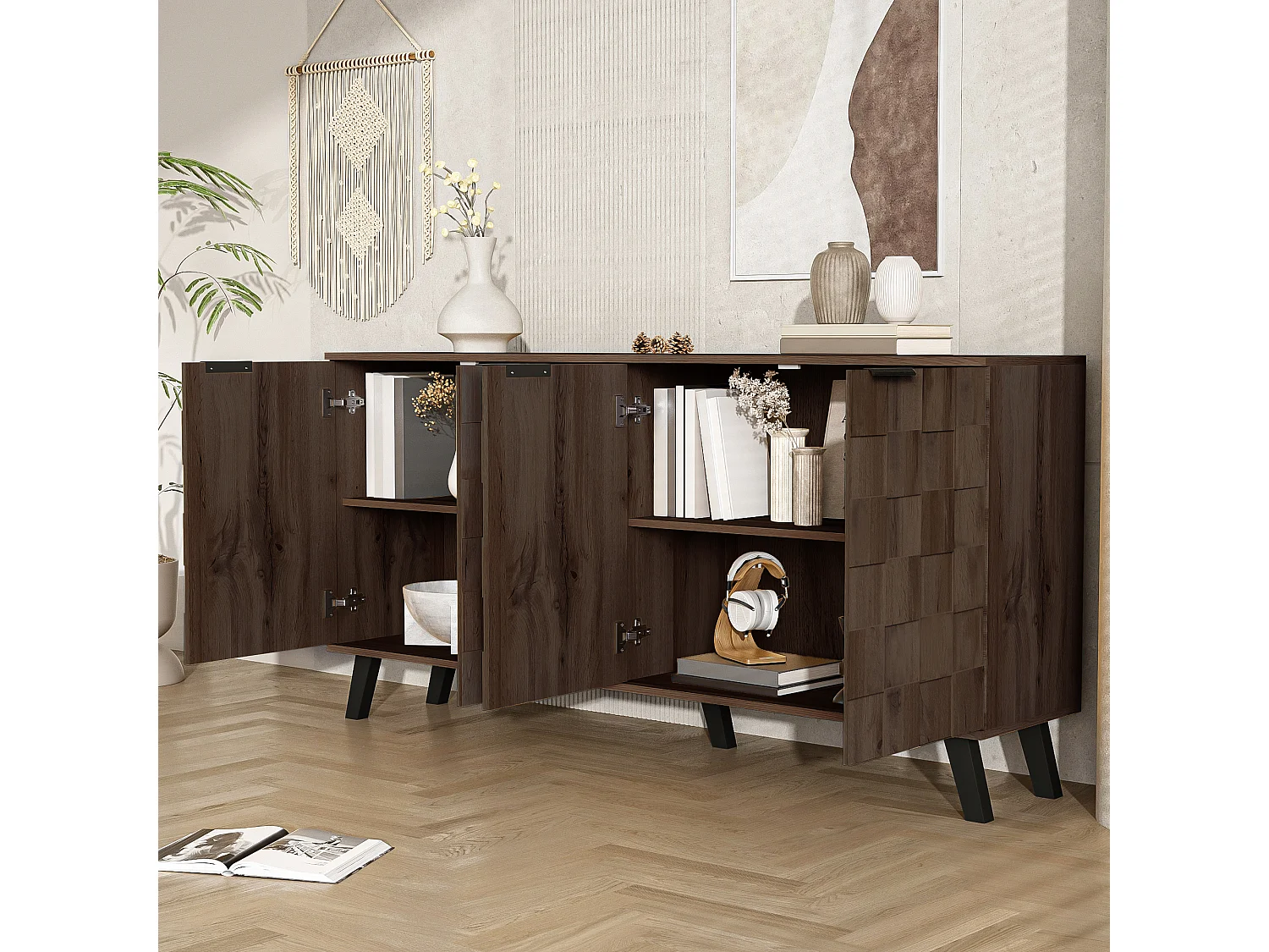 Buffet moderne avec 4 portes - Porte à motif géométrique - Couleur bois foncé