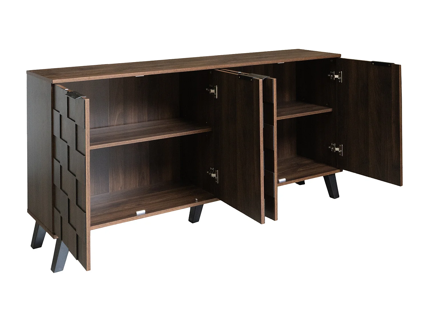 Buffet moderne avec 4 portes - Porte à motif géométrique - Couleur bois foncé