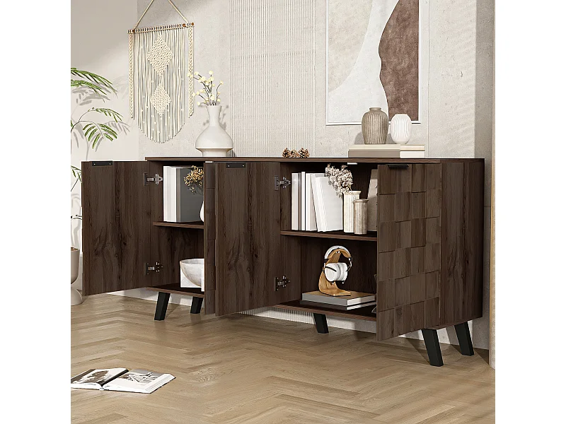 Buffet moderne avec 4 portes - Porte à motif géométrique - Couleur bois foncé
