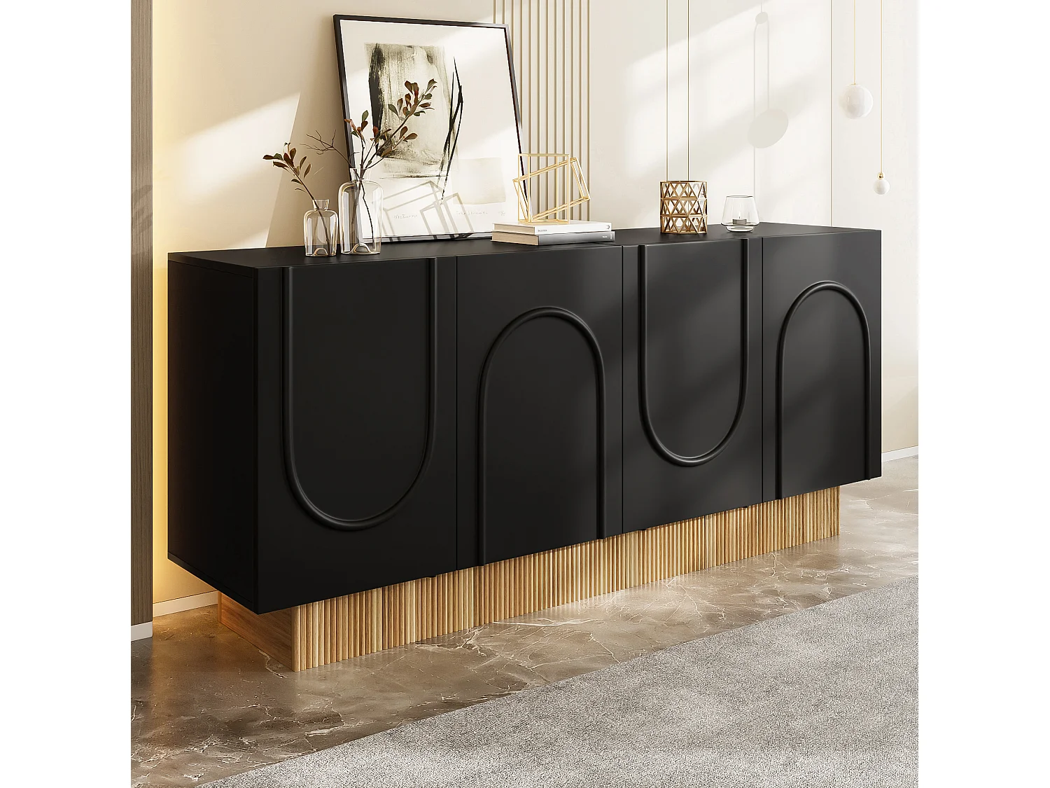 Buffet avec 4 portes noires - Base rayée en couleur bois 160x38x75cm