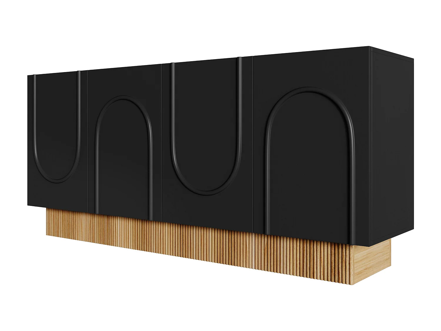 Buffet avec 4 portes noires - Base rayée en couleur bois 160x38x75cm