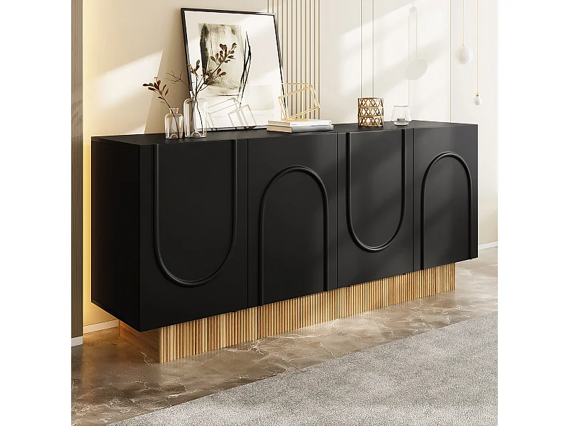 Buffet avec 4 portes noires - Base rayée en couleur bois 160x38x75cm