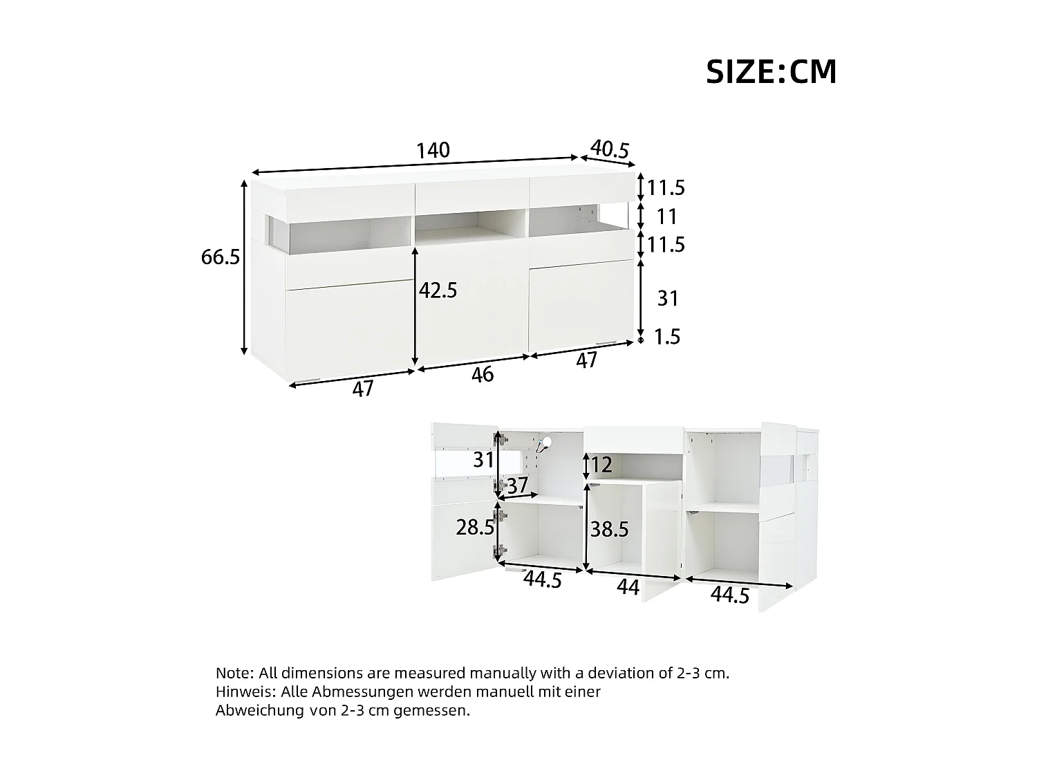 Buffet avec LED et 3 portes 140 x 40,5 x 66,5 cm - Porte acrylique -Blanc laqué