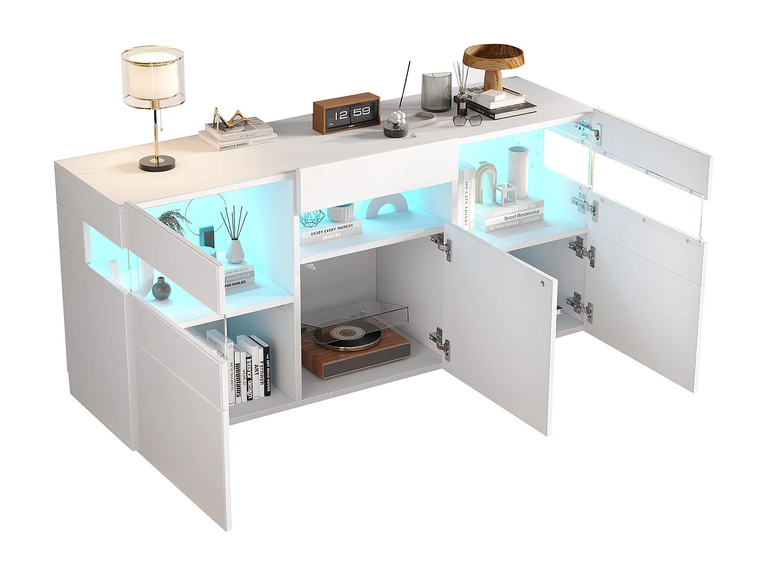 Buffet avec LED et 3 portes 140 x 40,5 x 66,5 cm - Porte acrylique -Blanc laqué