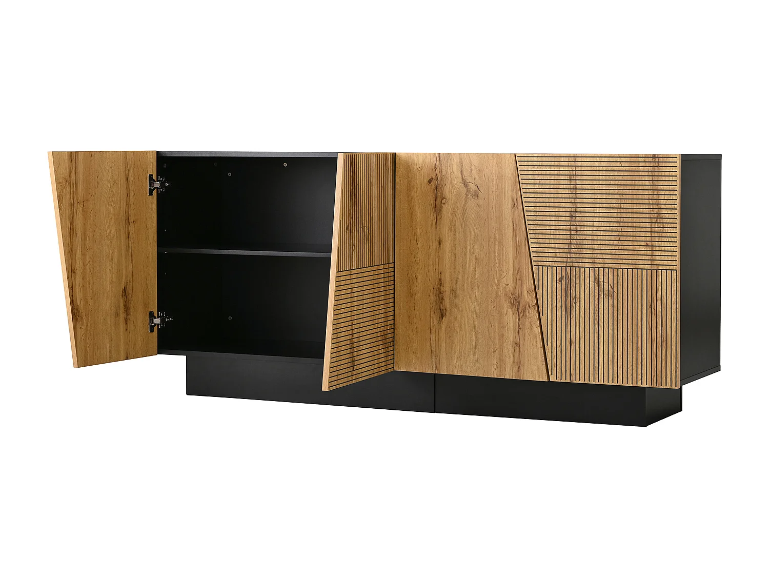 Buffet avec 4 portes -Conception de lignes - Grande rangement - Couleur bois et noir