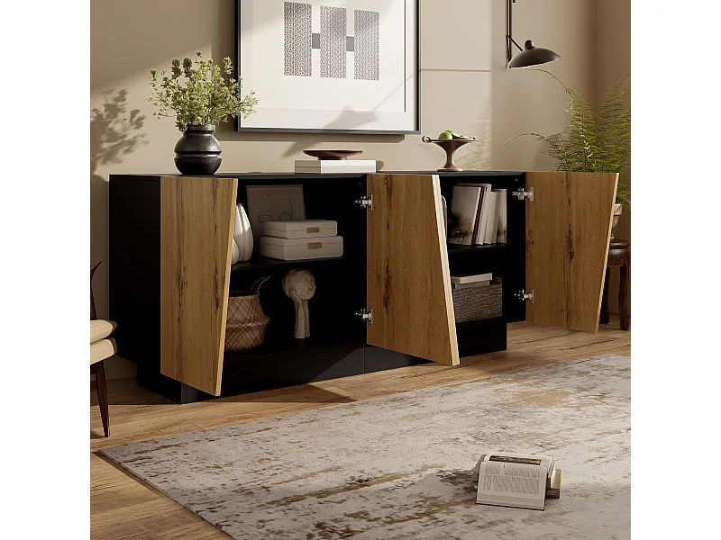 Buffet avec 4 portes -Conception de lignes - Grande rangement - Couleur bois et noir