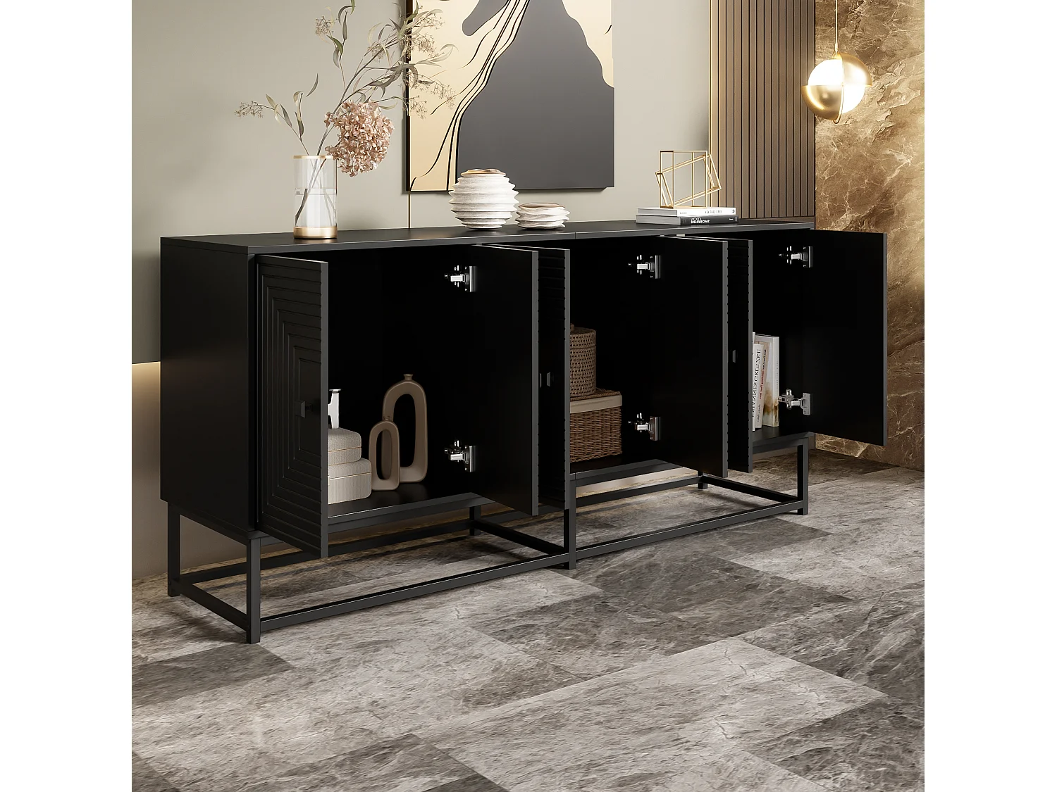 Buffet noir avec 6 portes - Grand espace de rangement 160x38x75.5cm