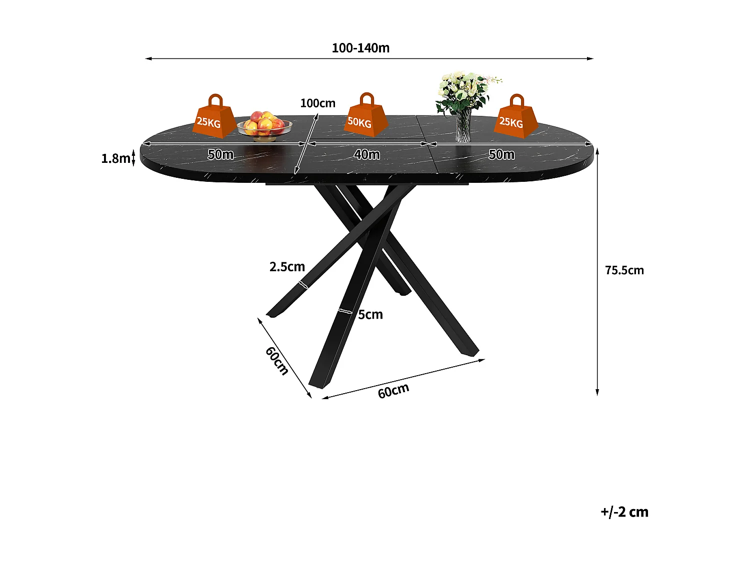 Ensemble table à manger extensible 100-140 cm + 4 chaises velours beige - Plateau effet marbre