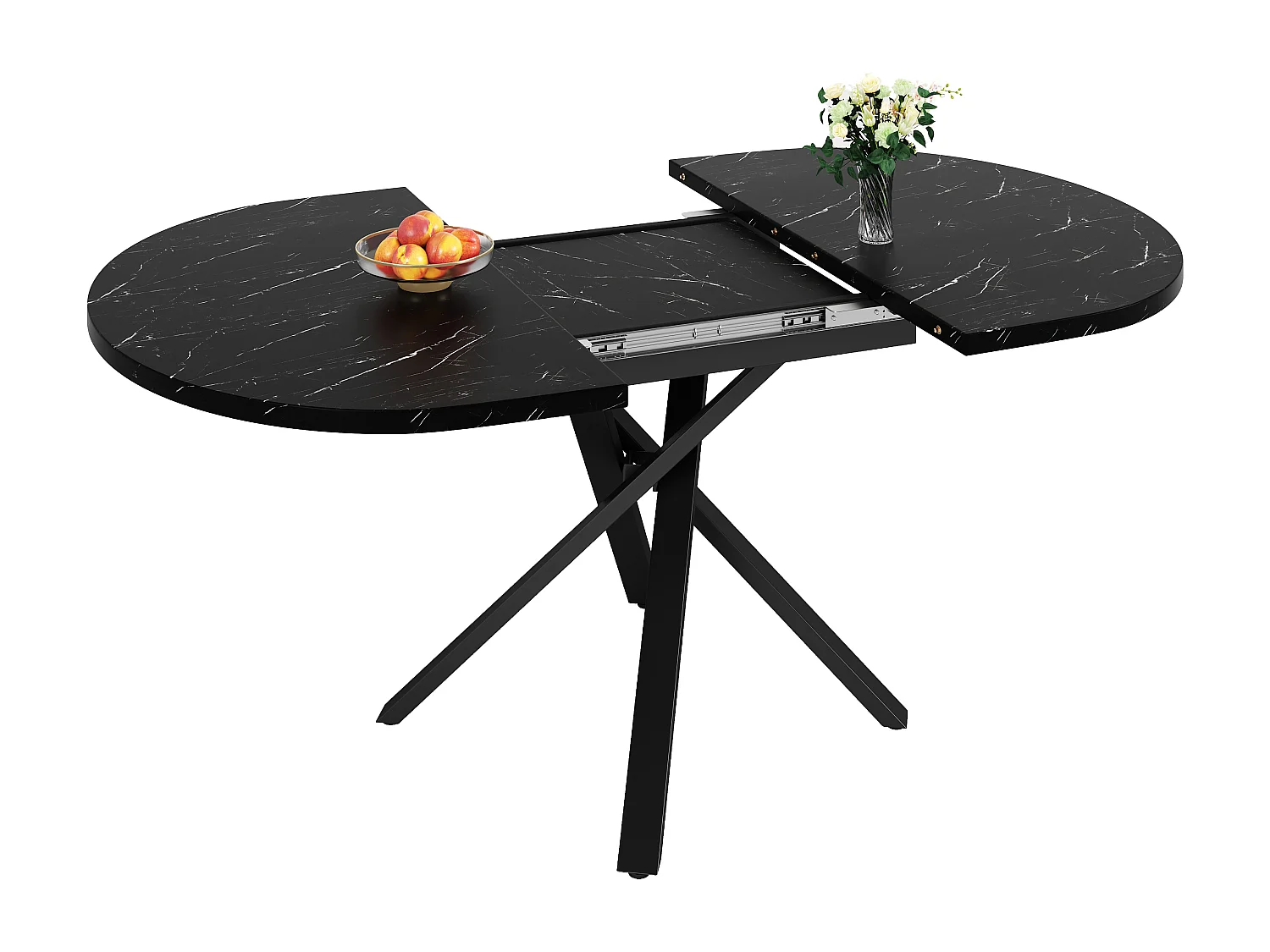 Ensemble table à manger extensible 100-140 cm + 4 chaises velours beige - Plateau effet marbre