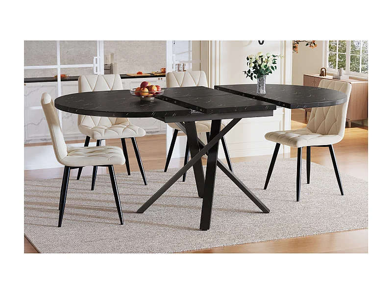 Ensemble table à manger extensible 100-140 cm + 4 chaises velours beige - Plateau effet marbre