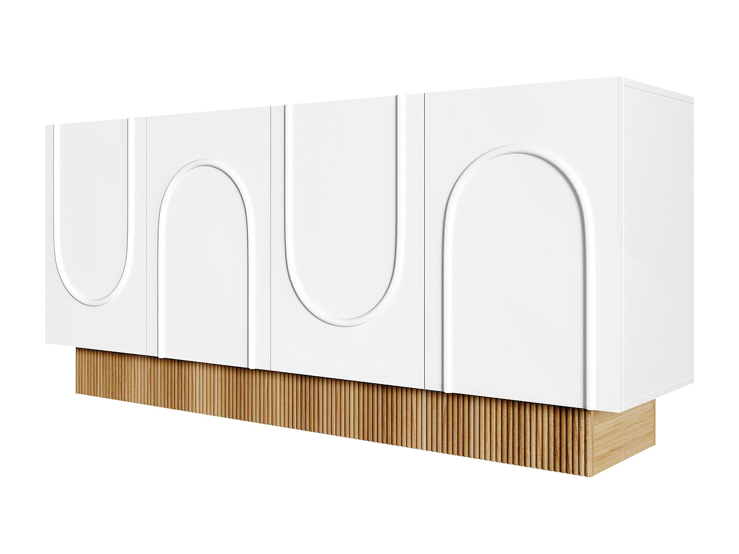 Buffet avec 4 portes blanches - Base rayée en couleur bois 160x38x75cm