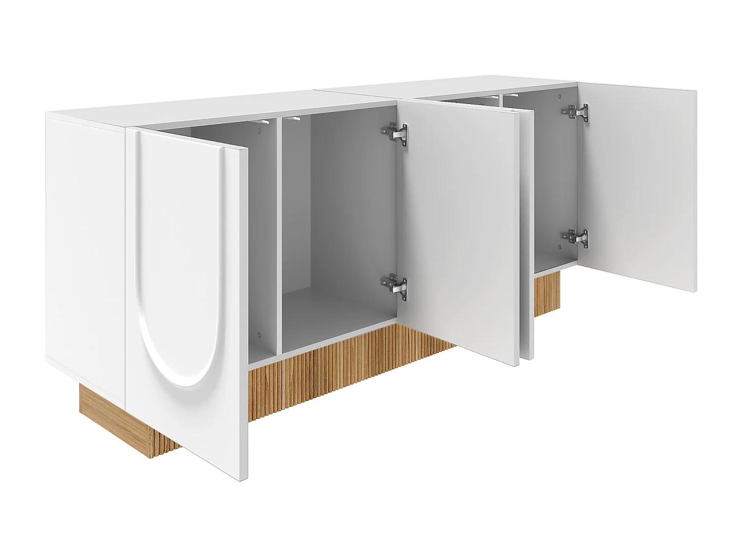 Buffet avec 4 portes blanches - Base rayée en couleur bois 160x38x75cm