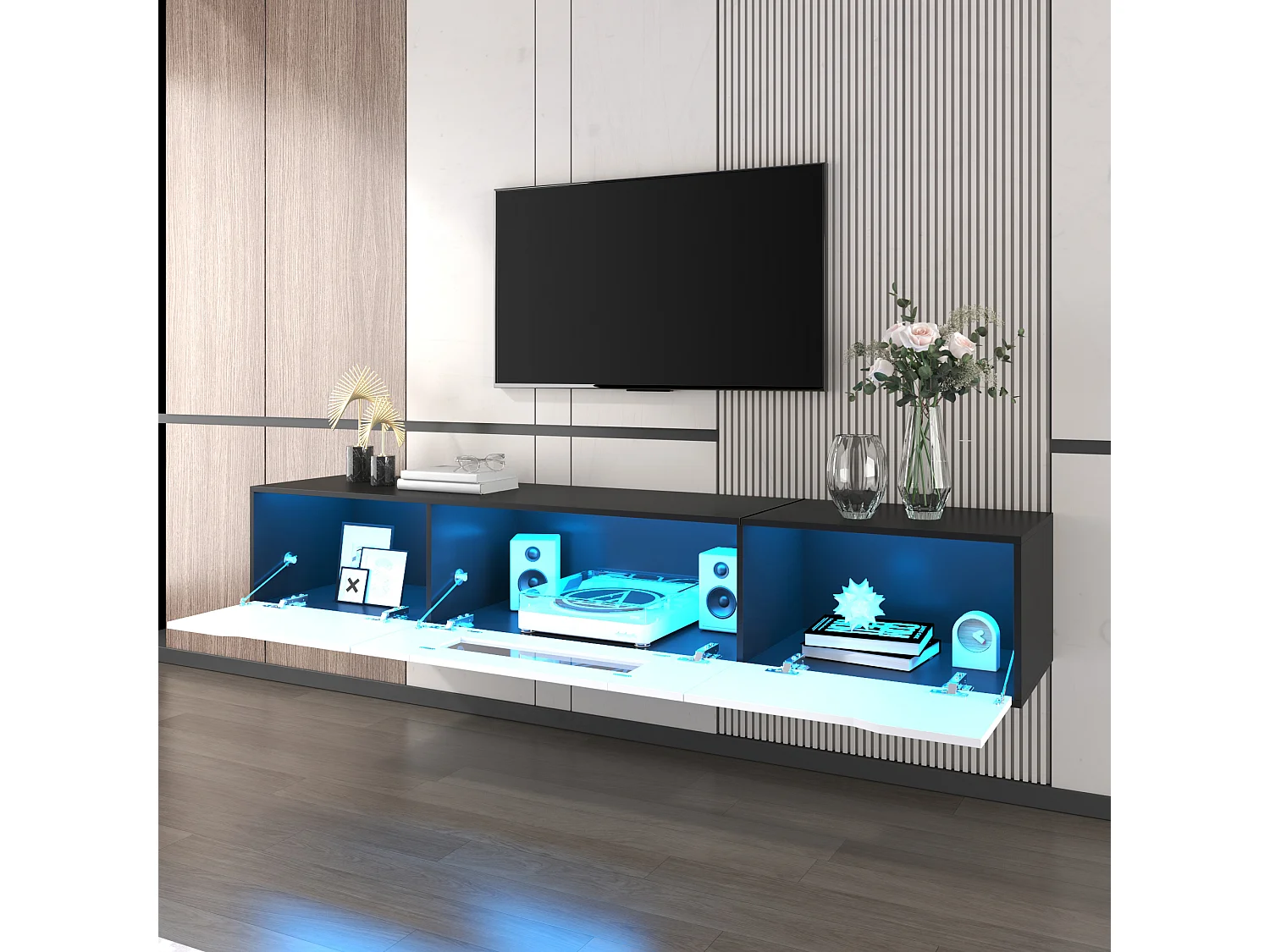 Meuble TV mural laqué brillant avec 3 portes et LED - noir et blanc 180x35x30cm