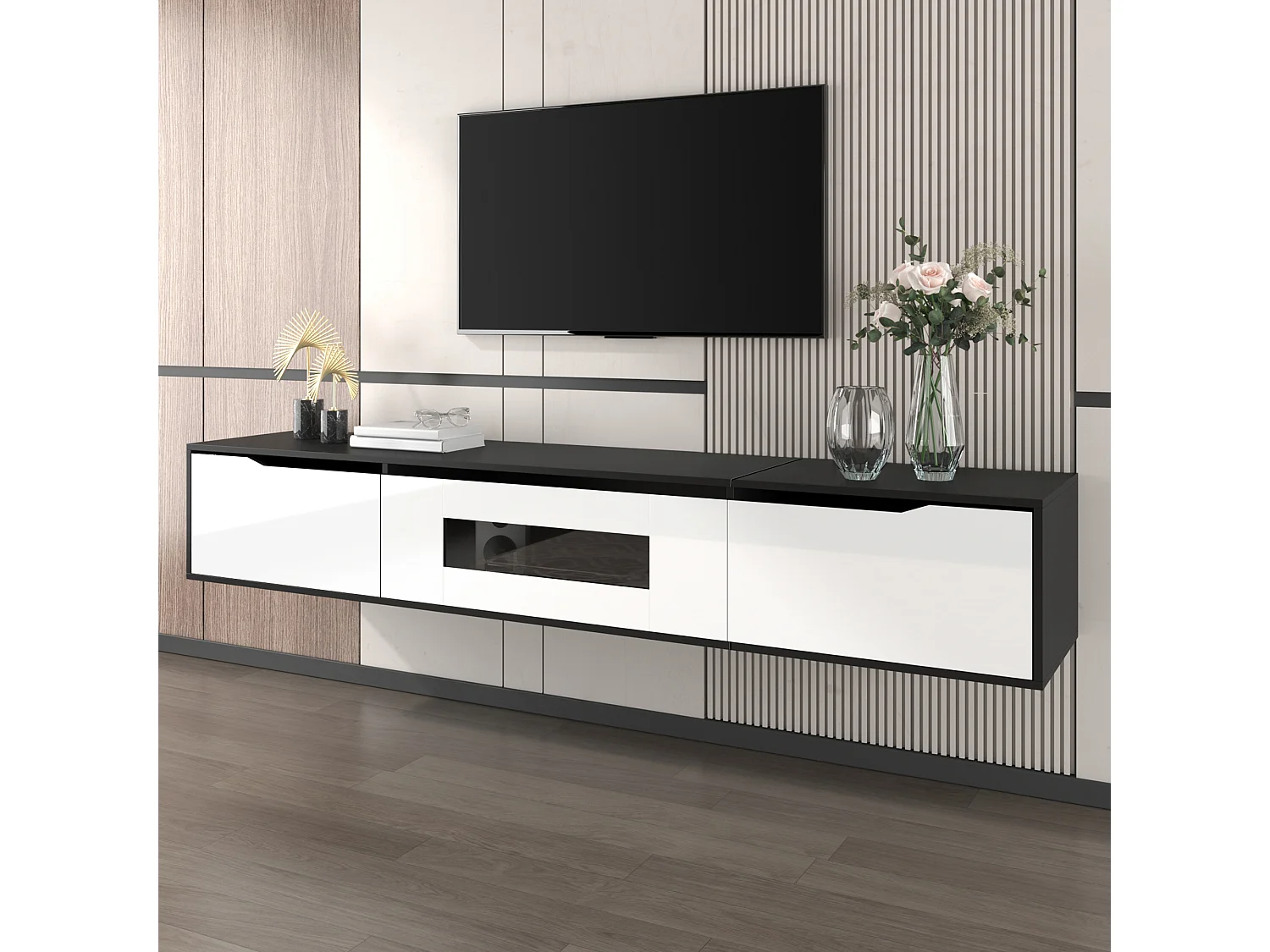 Meuble TV mural laqué brillant avec 3 portes et LED - noir et blanc 180x35x30cm