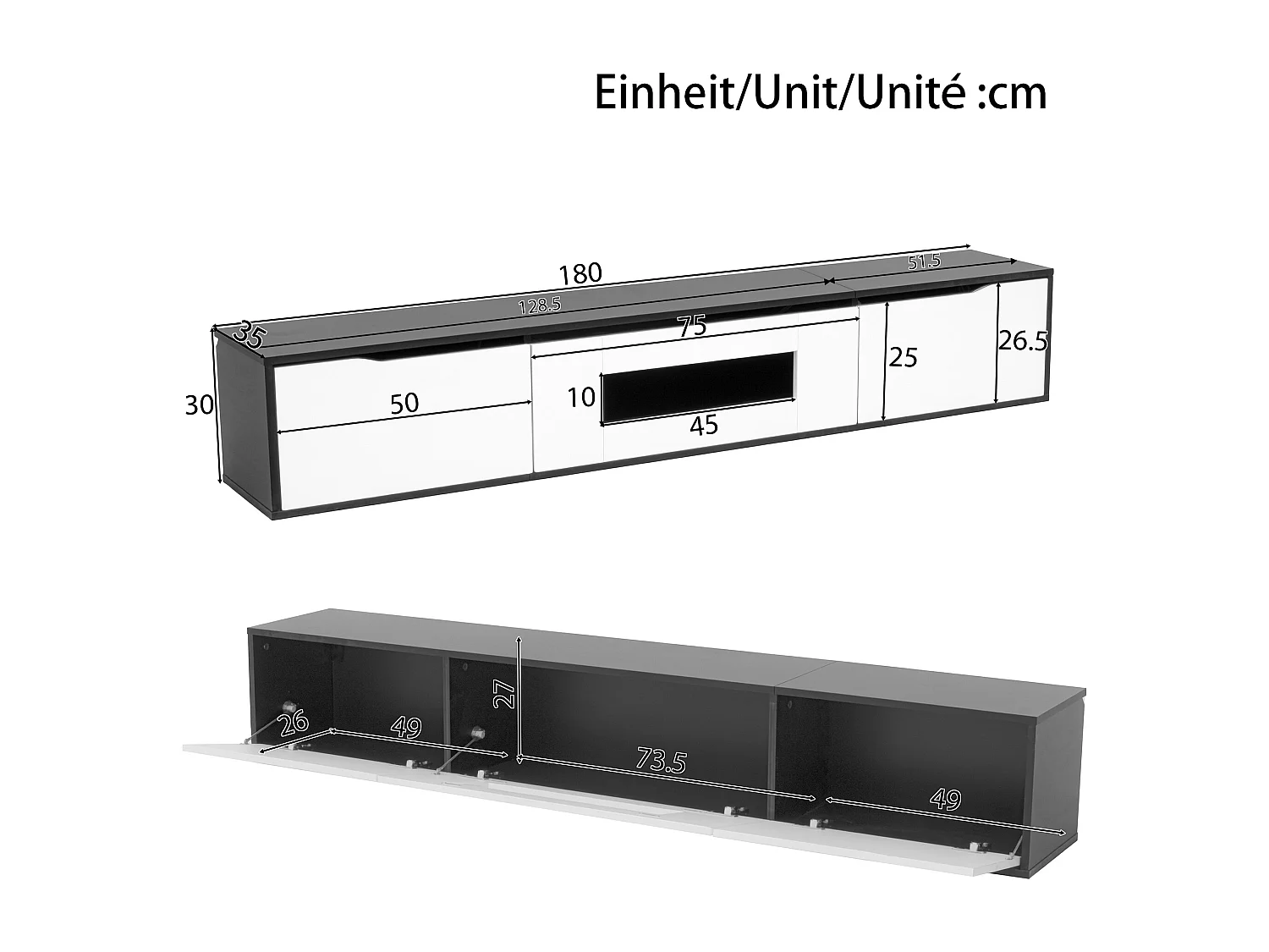 Meuble TV mural laqué brillant avec 3 portes et LED - noir et blanc 180x35x30cm