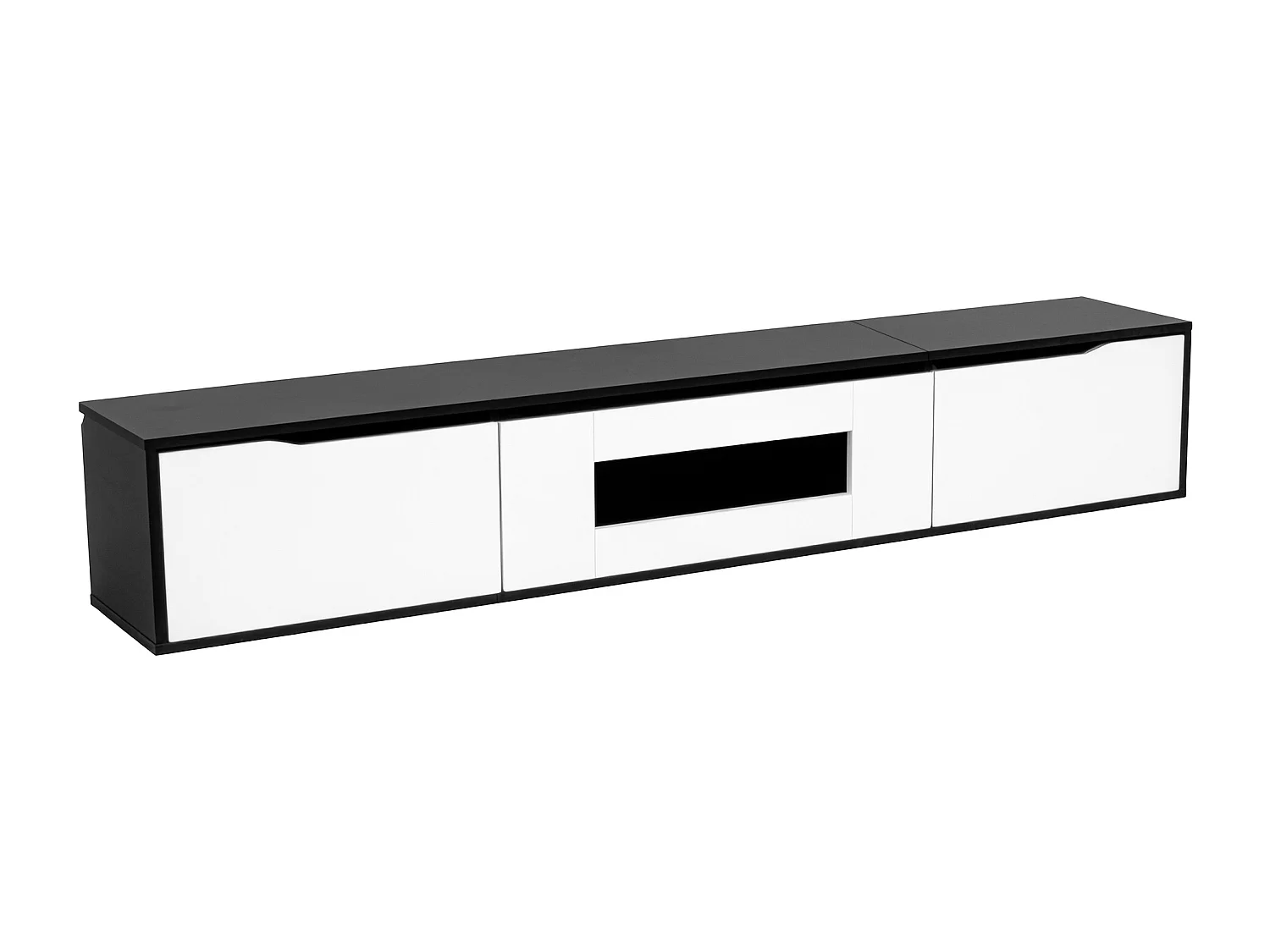 Meuble TV mural laqué brillant avec 3 portes et LED - noir et blanc 180x35x30cm