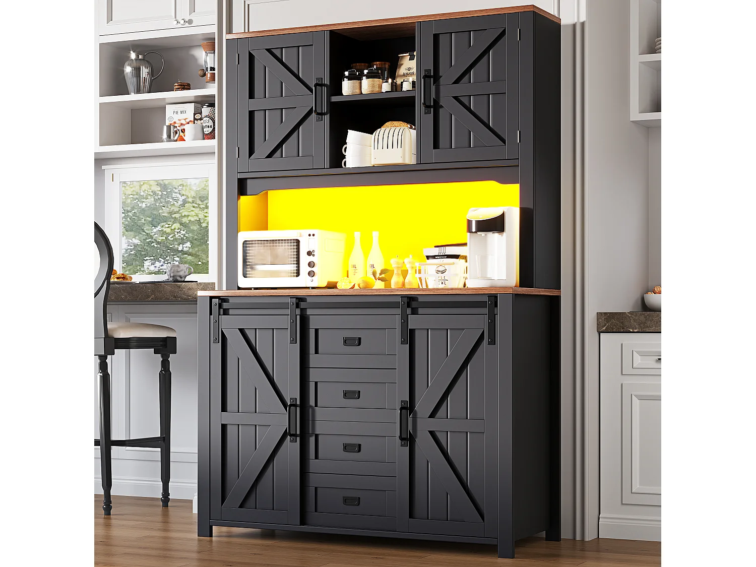 Credenza alta da cucina con ante scorrevoli, 2 cassetti e illuminazione a LED - Piano in legno scuro - Nero