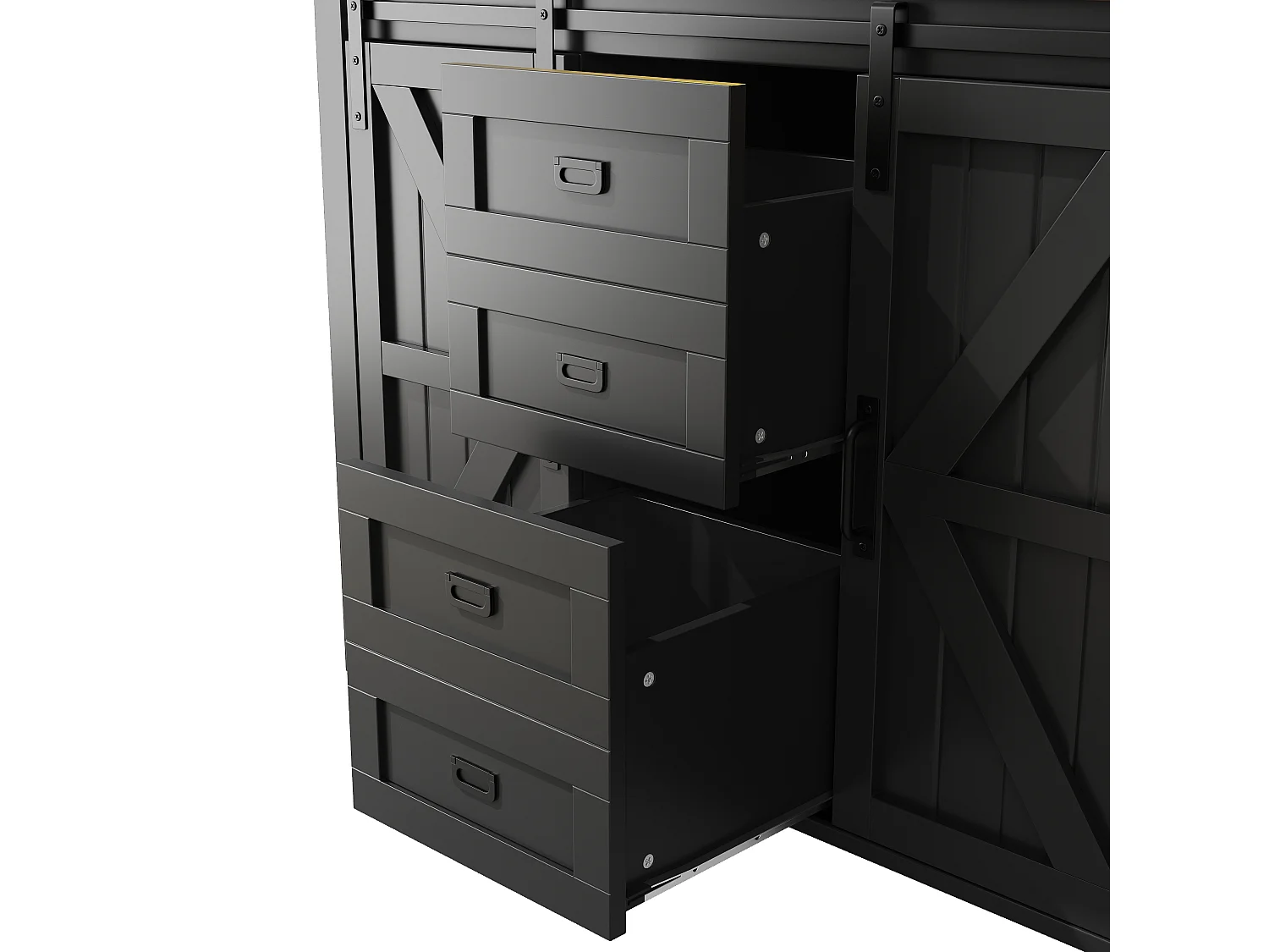 Credenza alta da cucina con ante scorrevoli, 2 cassetti e illuminazione a LED - Piano in legno scuro - Nero