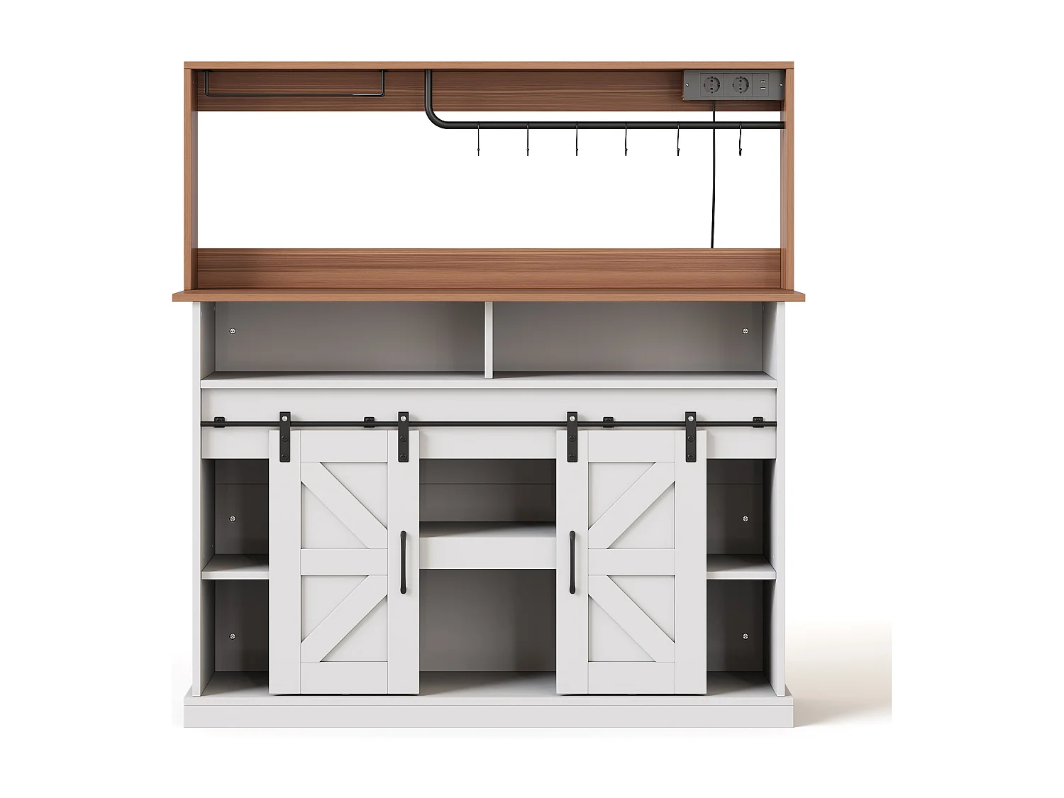 Buffet de cuisine avec portes coulissantes et prises - Couleur blanc et bois