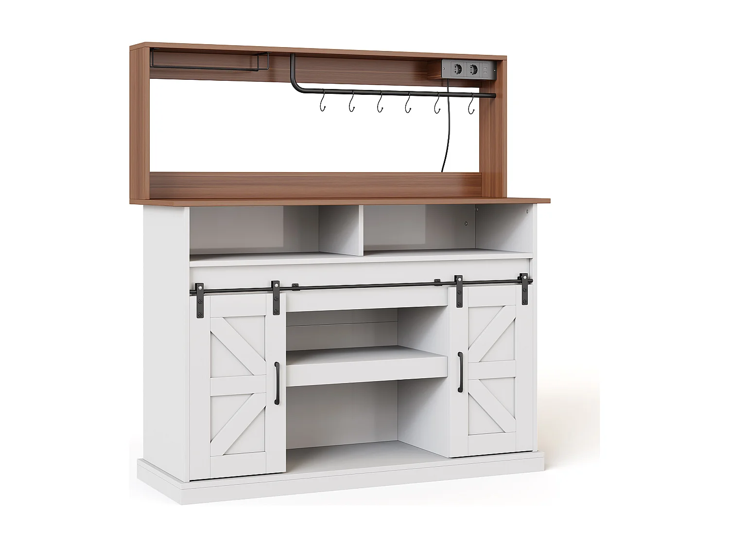Buffet de cuisine avec portes coulissantes et prises - Couleur blanc et bois