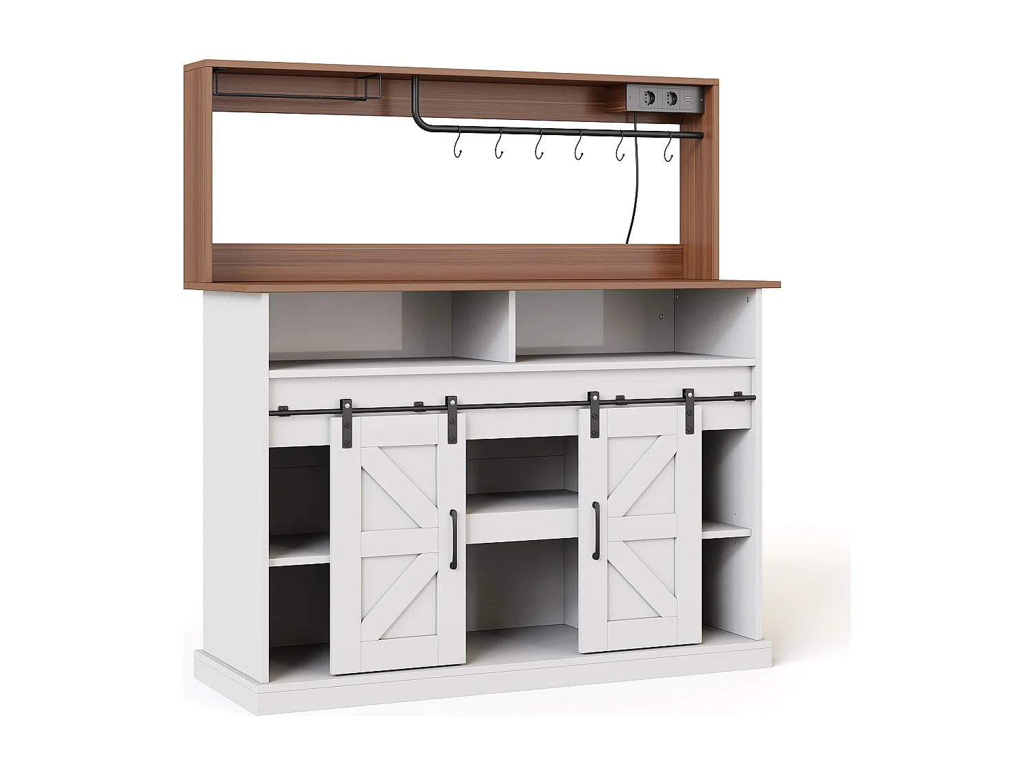 Buffet de cuisine avec portes coulissantes et prises - Couleur blanc et bois