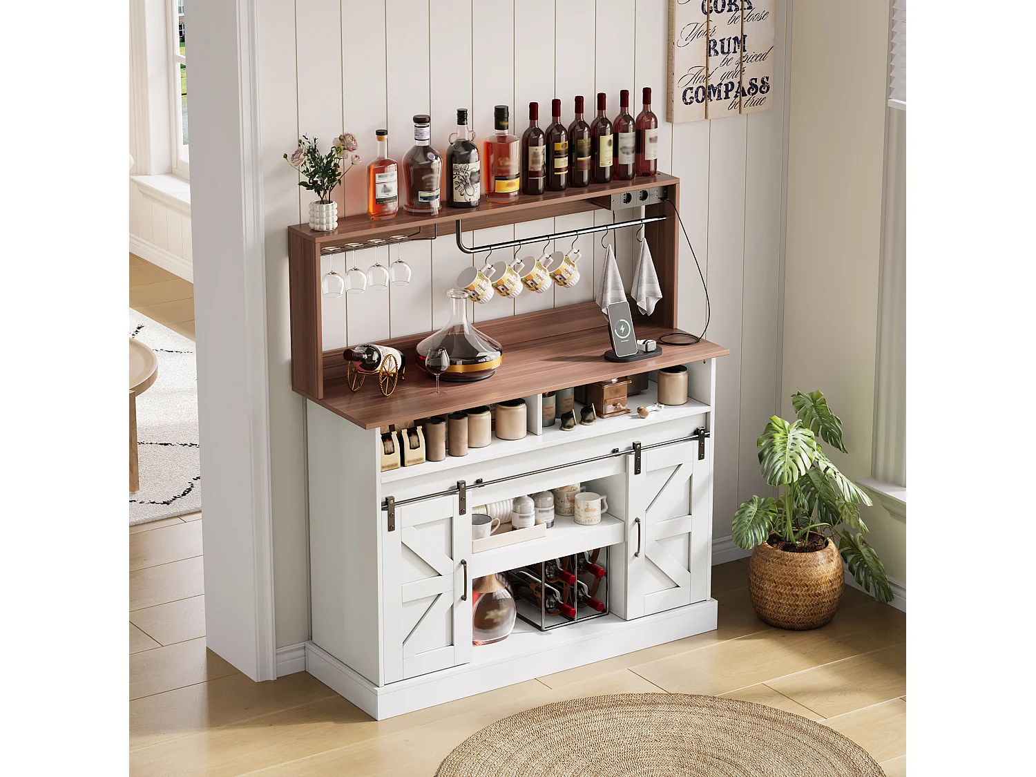 Buffet de cuisine avec portes coulissantes et prises - Couleur blanc et bois