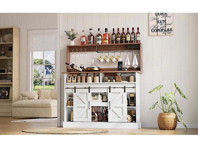 Buffet de cuisine avec portes coulissantes et prises - Couleur blanc et bois