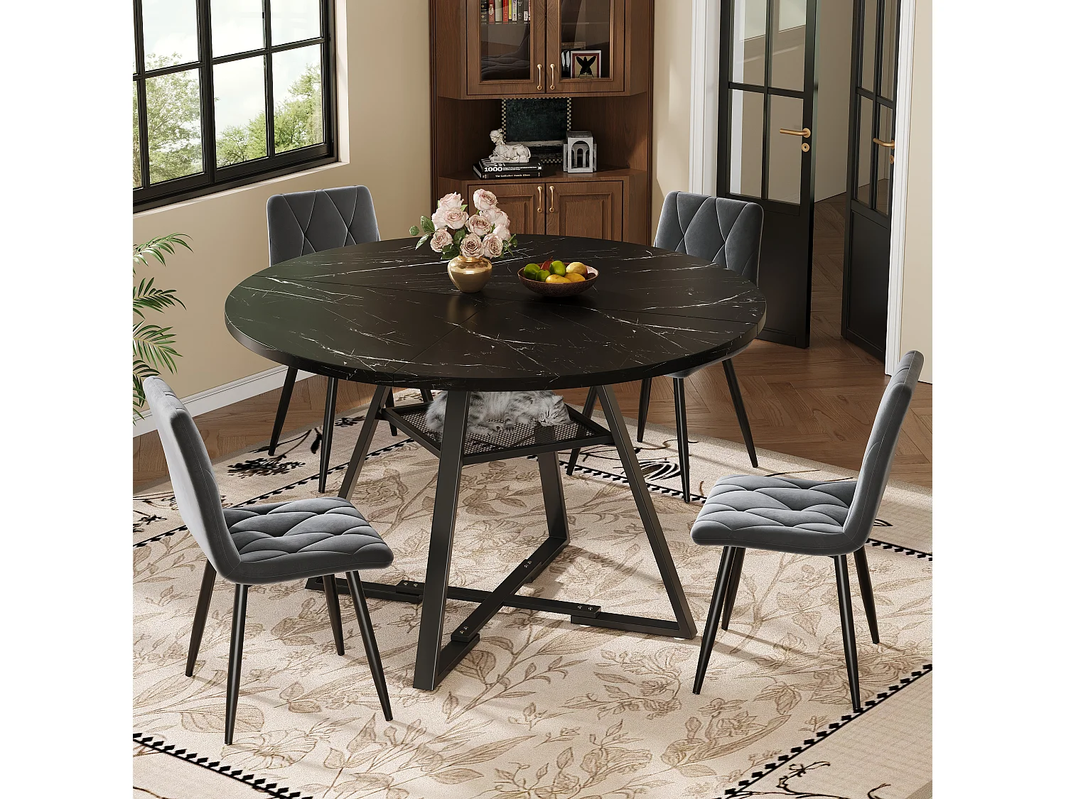 Table à manger ronde avec pieds en métal - Plateau motif marbre - Noir