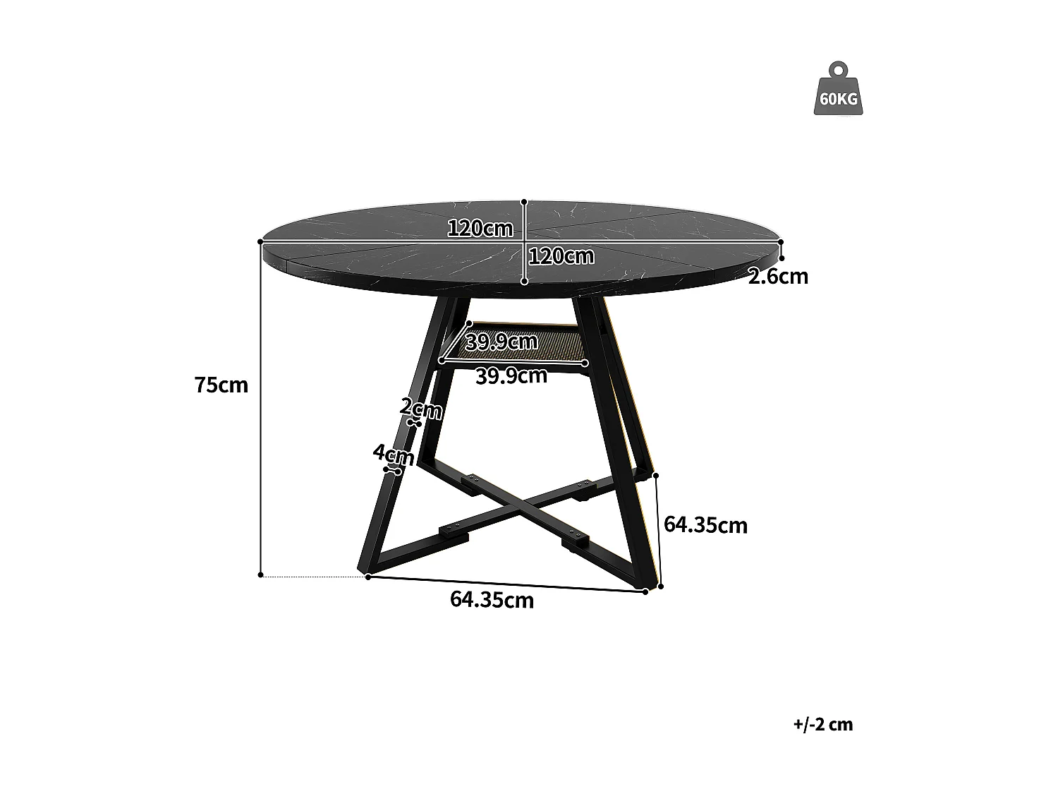 Table à manger ronde avec pieds en métal - Plateau motif marbre - Noir